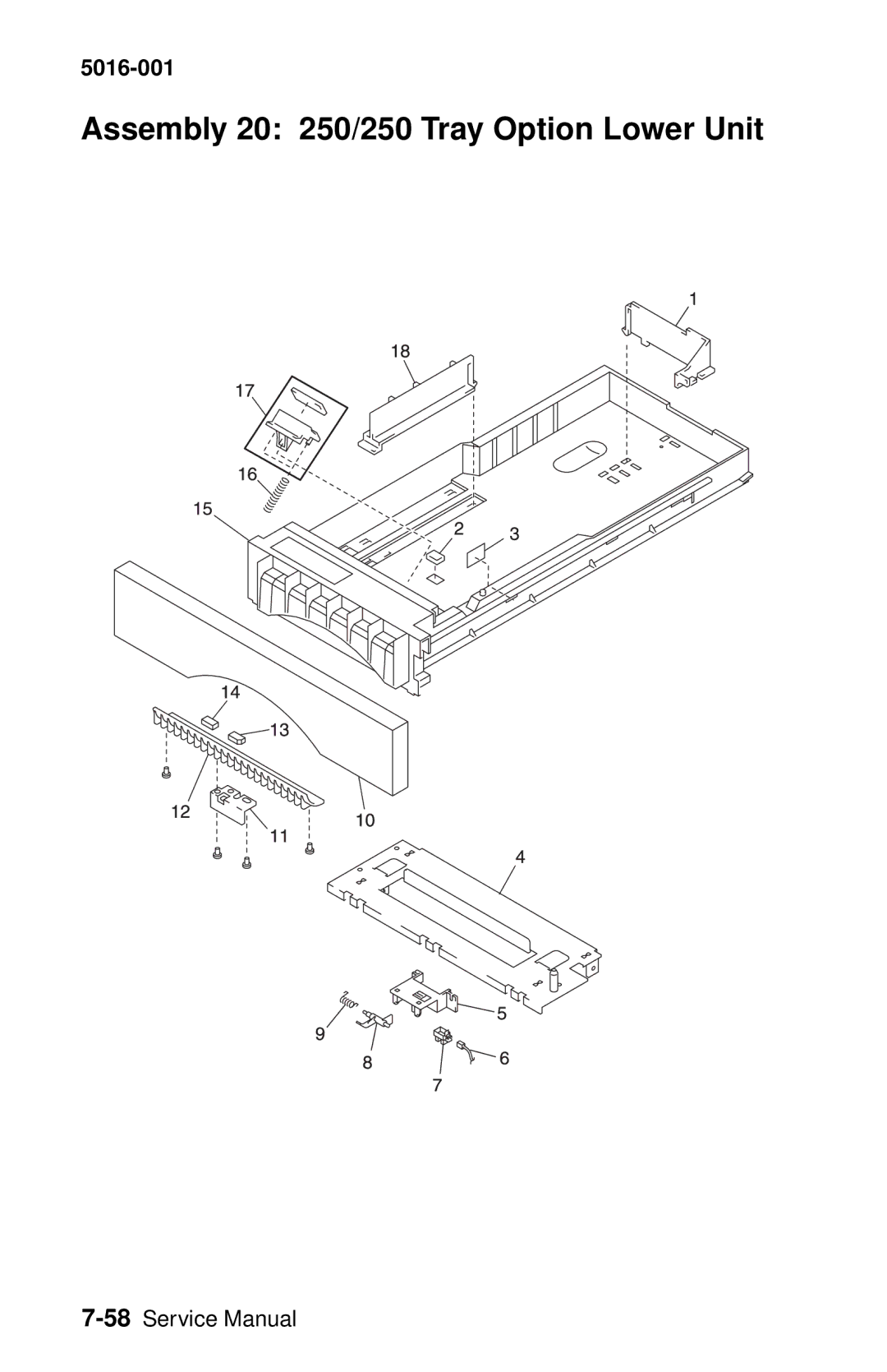 Lexmark 5016-001 manual Assembly 20 250/250 Tray Option Lower Unit 