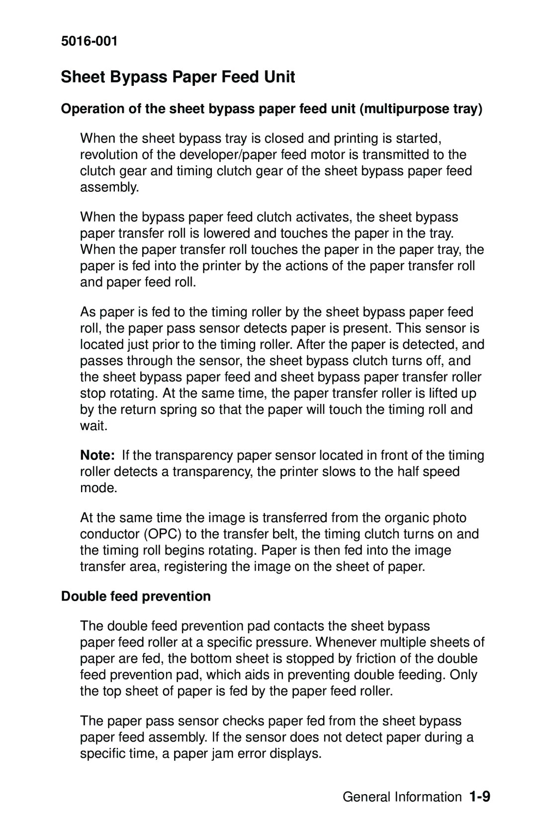 Lexmark 5016-001 manual Sheet Bypass Paper Feed Unit, Double feed prevention 