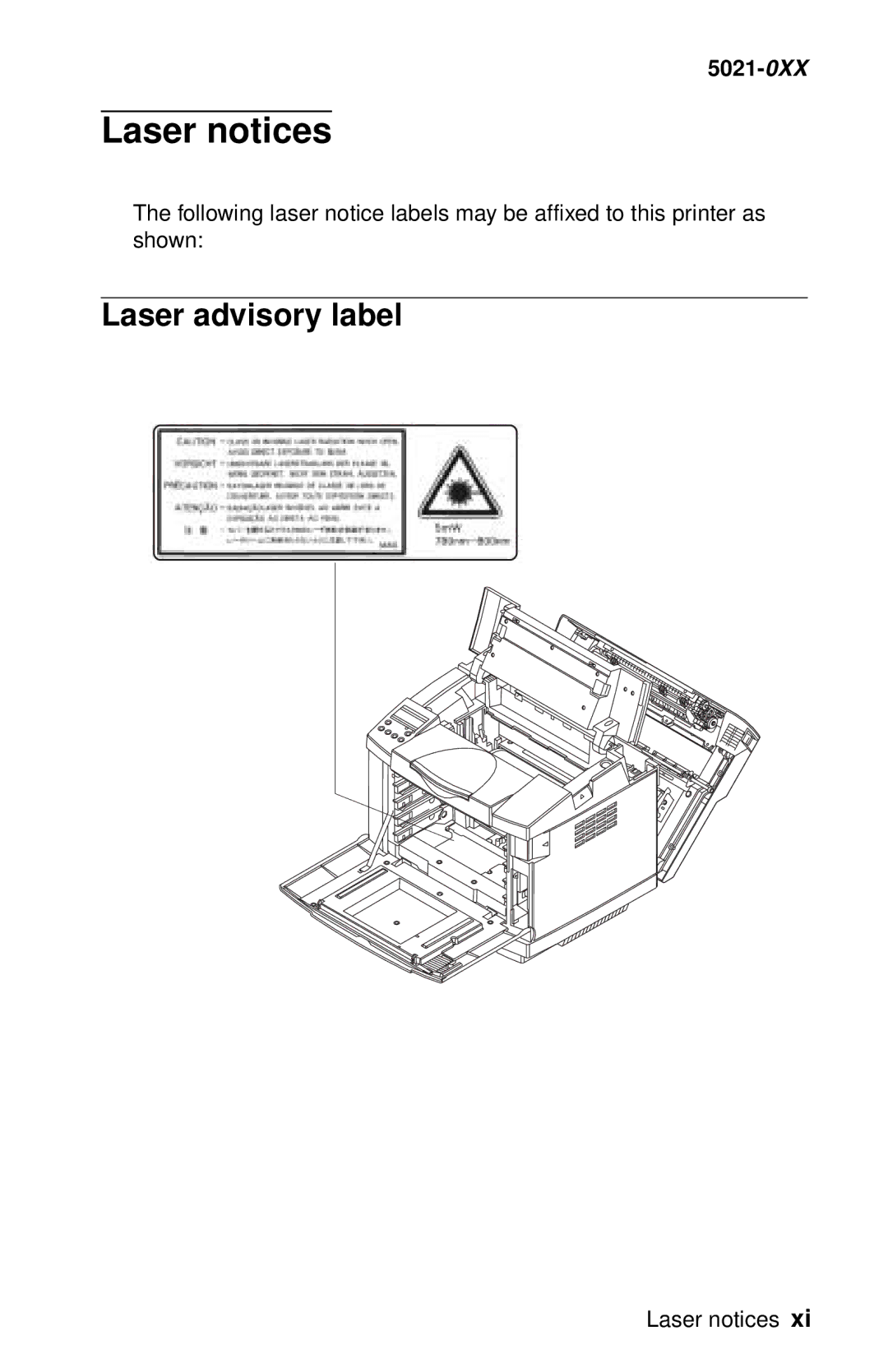 Lexmark 5021-0XX manual Laser advisory label, Laser notices 