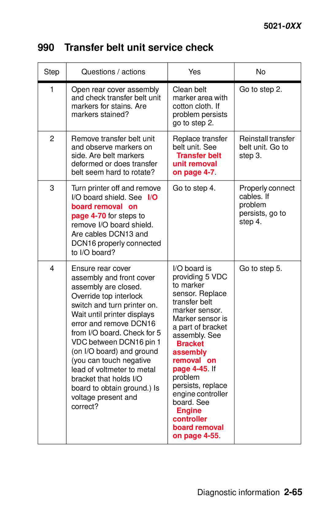 Lexmark 5021-0XX manual Transfer belt unit service check, Unit removal, Bracket, 4-45. If 
