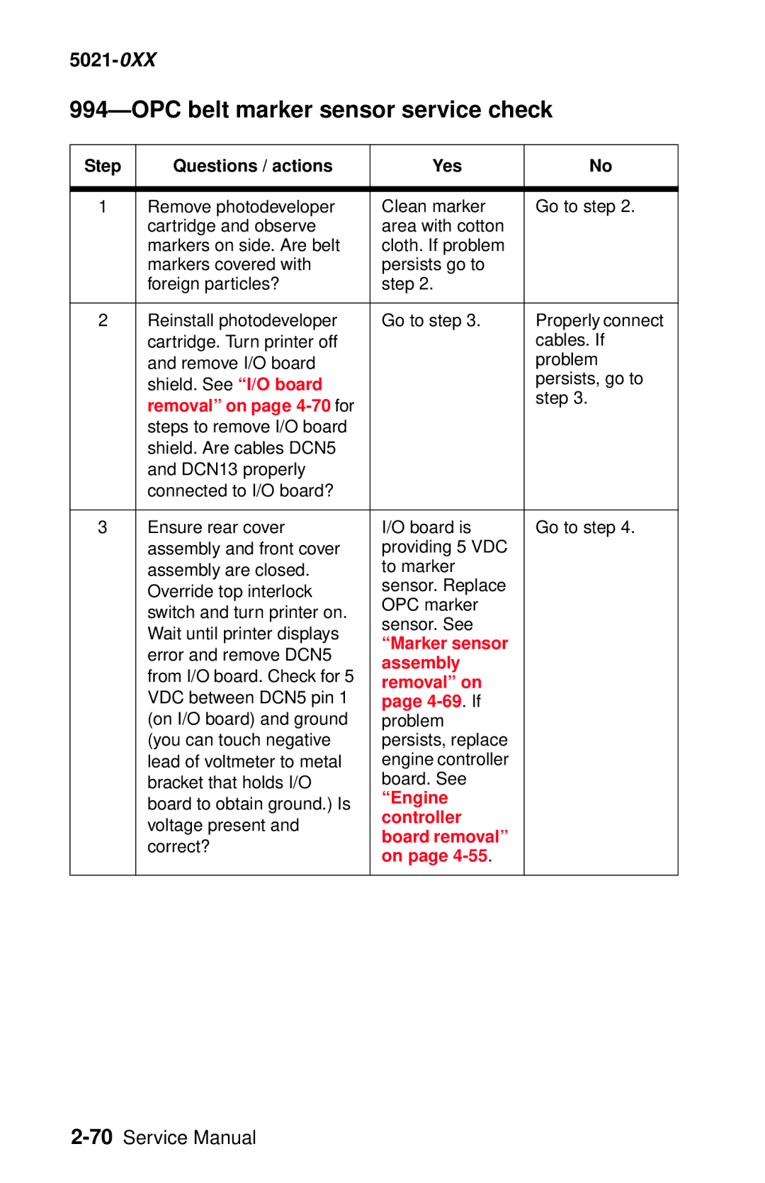 Lexmark 5021-0XX OPC belt marker sensor service check, Removal on page 4-70for, Marker sensor, 4-69. If, Engine Controller 