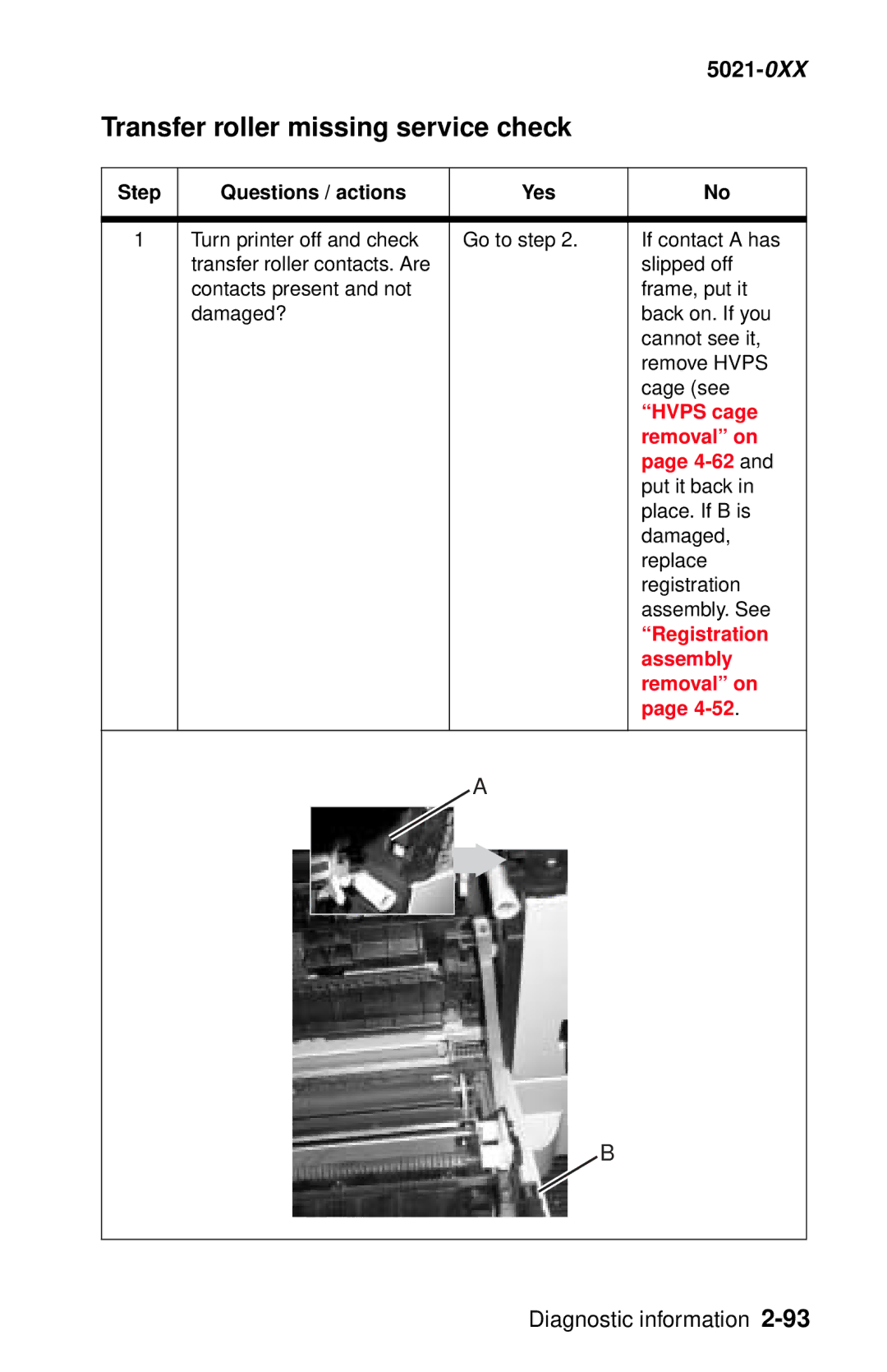 Lexmark 5021-0XX manual Transfer roller missing service check, Hvps cage, 4-62and, Registration 