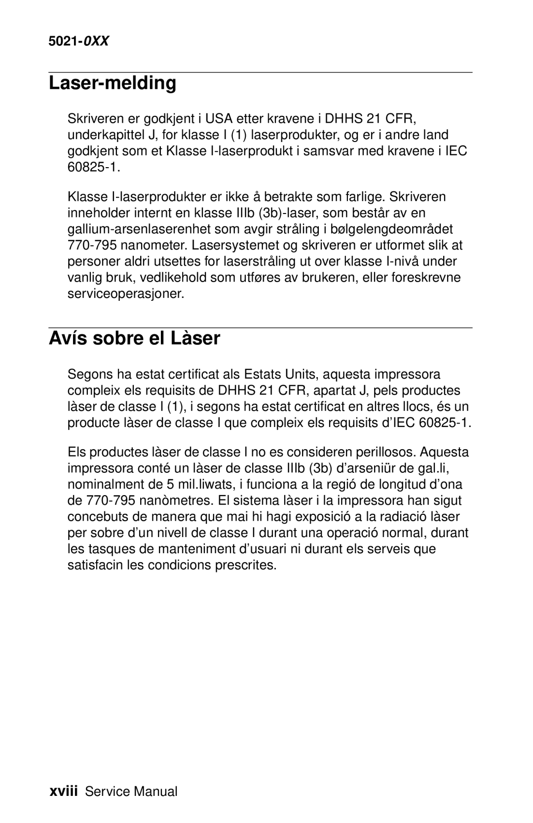 Lexmark 5021-0XX manual Laser-melding, Avís sobre el Là ser 