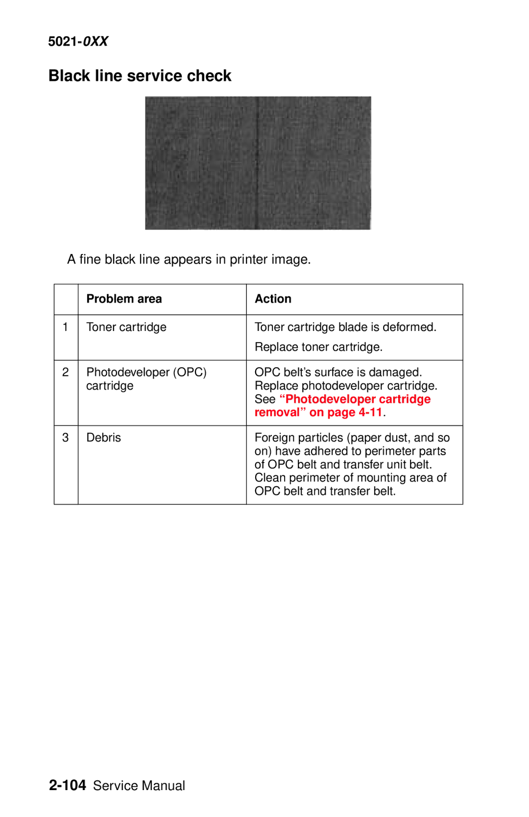 Lexmark 5021-0XX manual Black line service check, Fine black line appears in printer image 