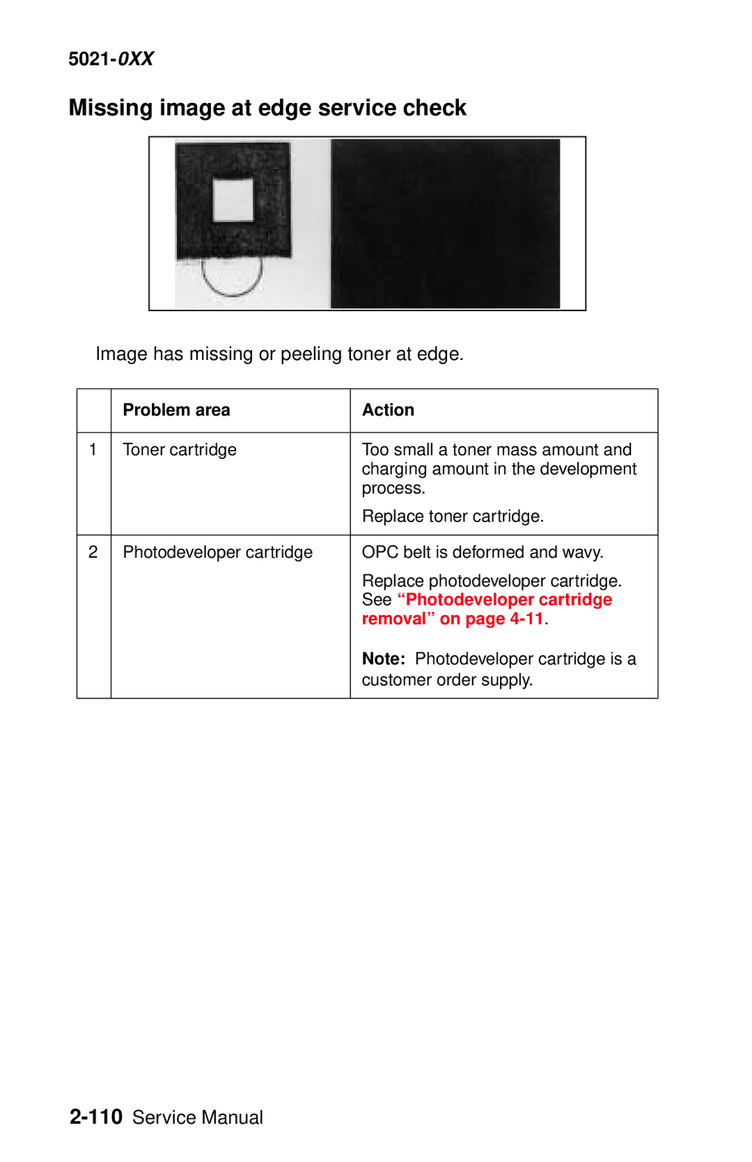 Lexmark 5021-0XX manual Missing image at edge service check, Image has missing or peeling toner at edge 