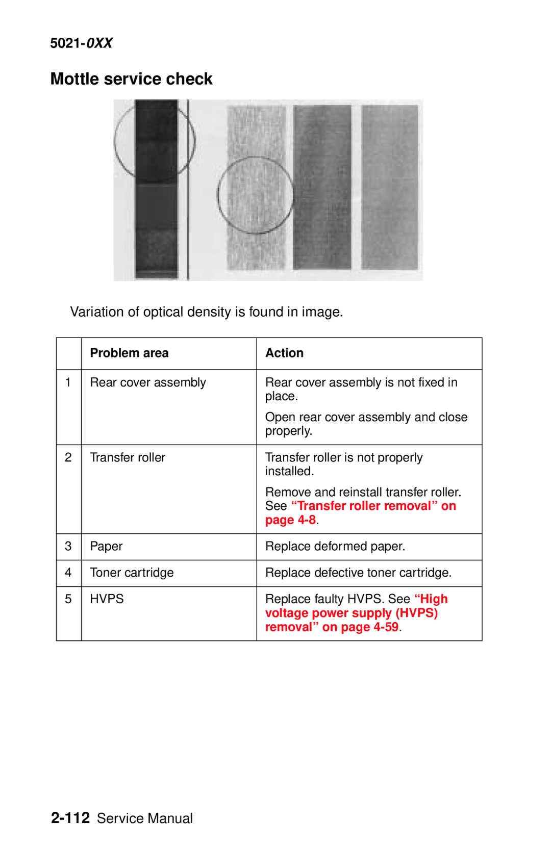 Lexmark 5021-0XX Mottle service check, Variation of optical density is found in image, See Transfer roller removal on 