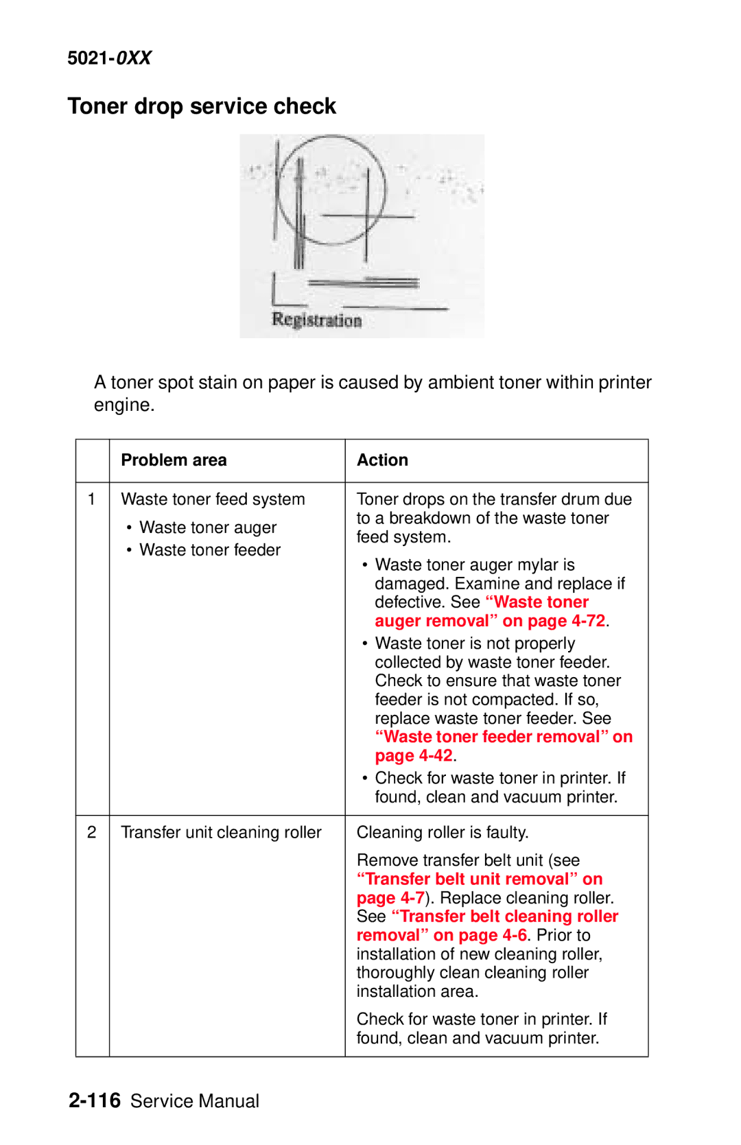 Lexmark 5021-0XX Toner drop service check, Auger removal on, Waste toner feeder removal on, Removal on page 4-6 . Prior to 