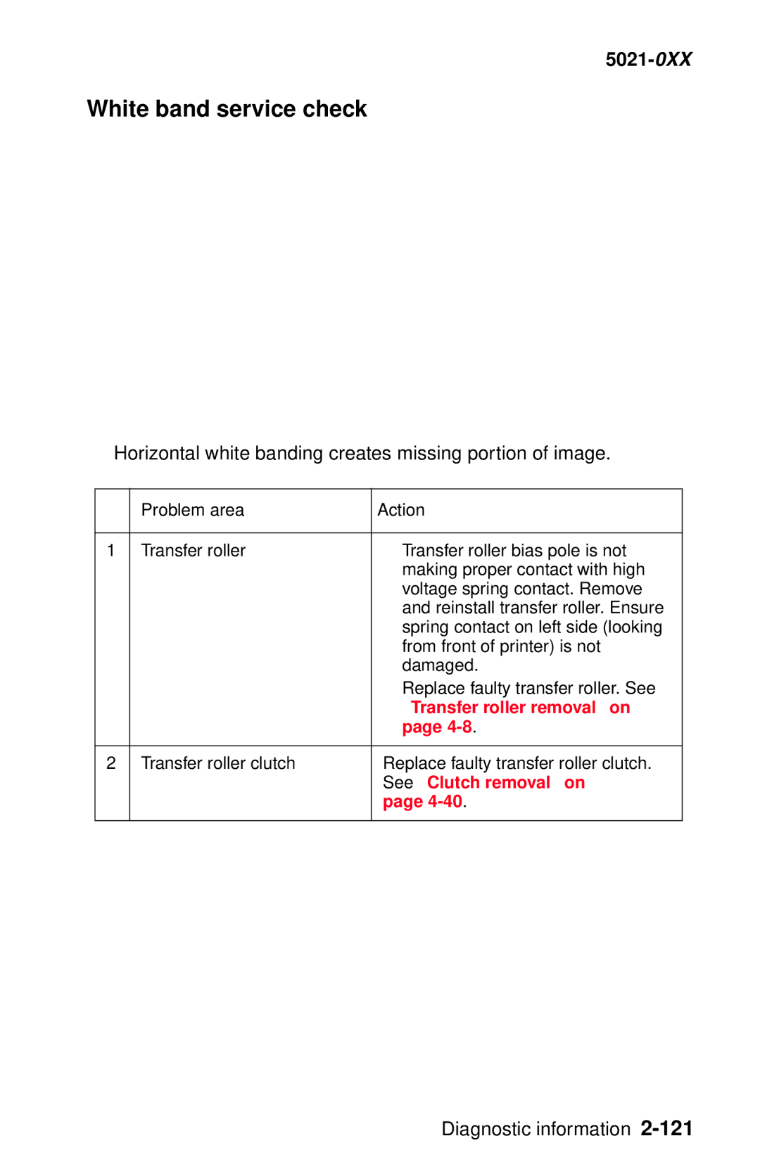 Lexmark 5021-0XX manual White band service check, Horizontal white banding creates missing portion of image 
