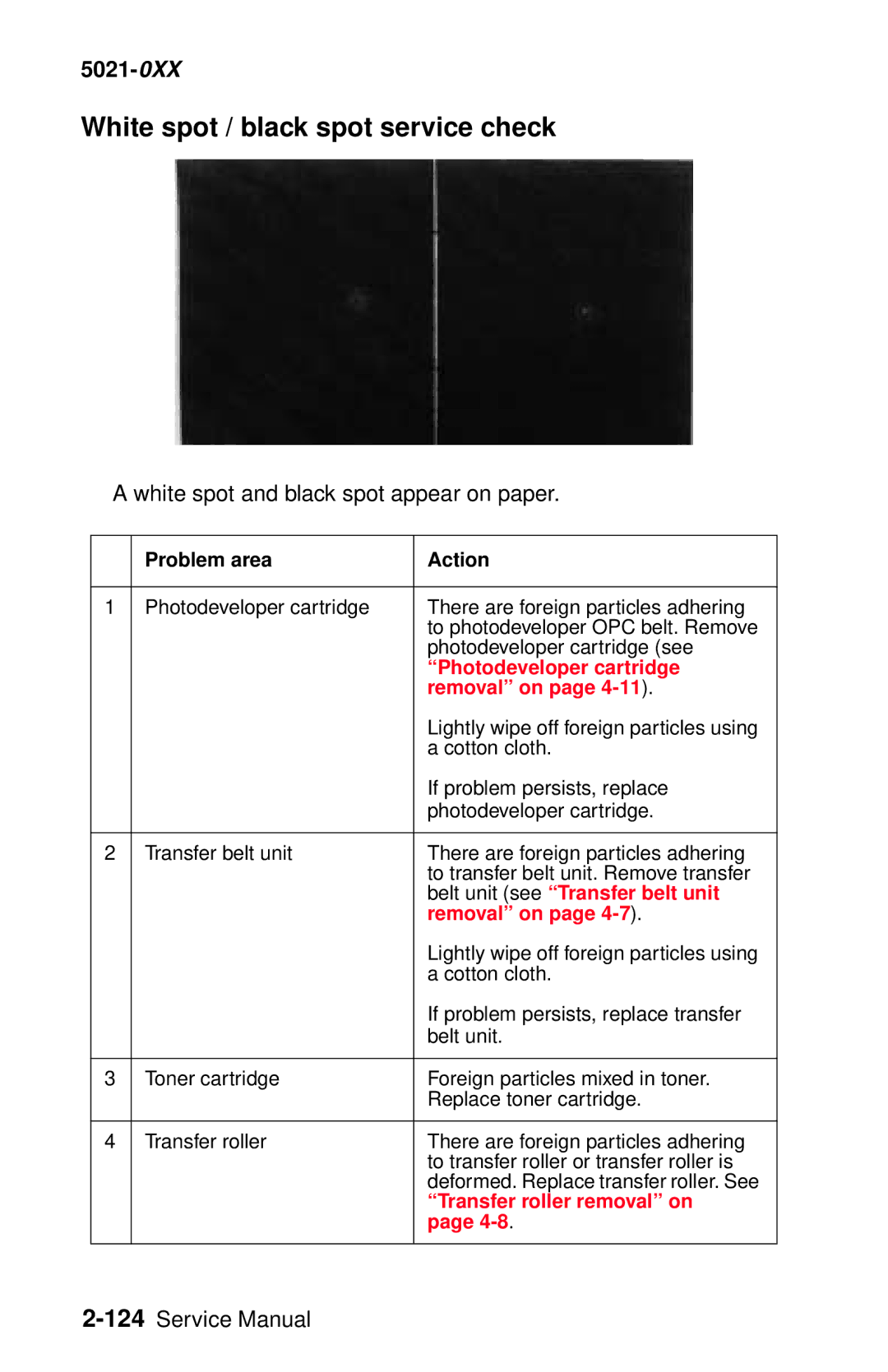 Lexmark 5021-0XX manual White spot / black spot service check, White spot and black spot appear on paper 