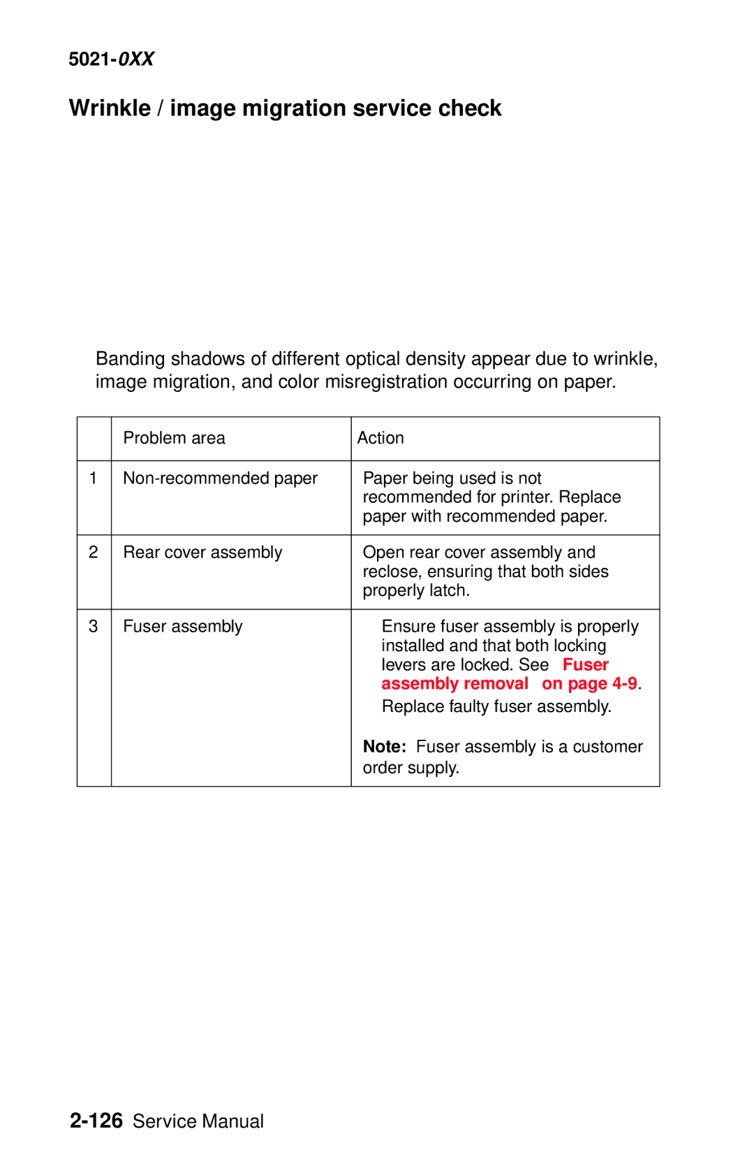 Lexmark 5021-0XX manual Wrinkle / image migration service check, Assembly removal on 