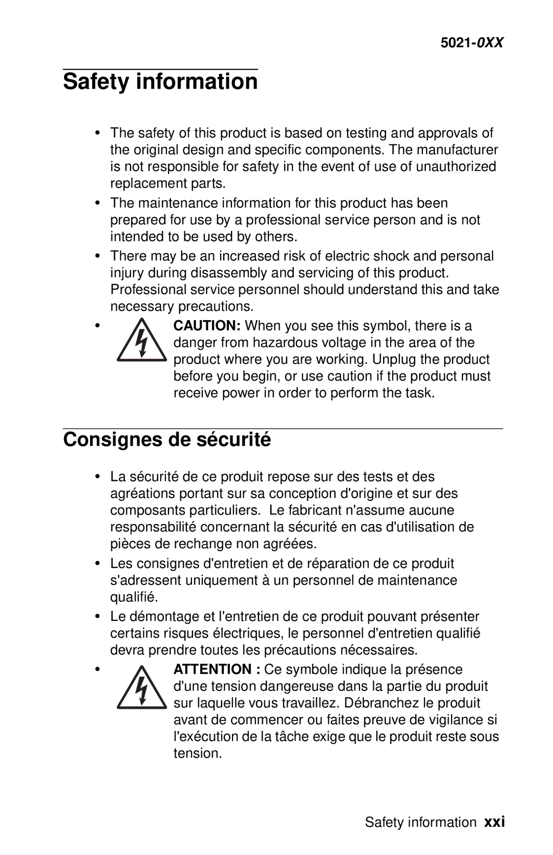 Lexmark 5021-0XX manual Safety information, Consignes de sé curité 