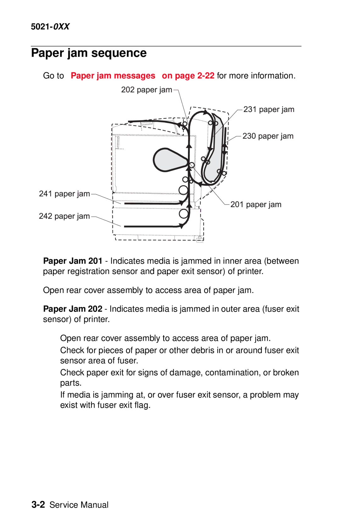 Lexmark 5021-0XX manual Paper jam sequence, Go to Paper jam messages on page 2-22for more information 