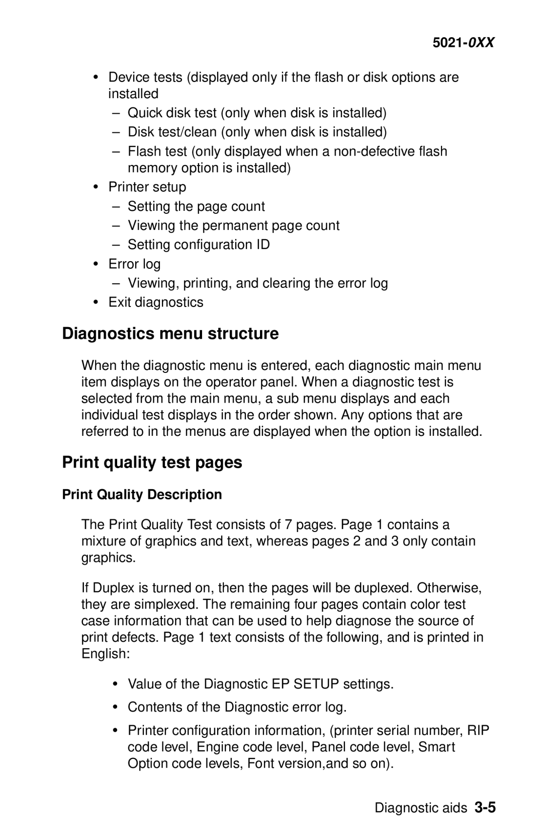 Lexmark 5021-0XX manual Diagnostics menu structure, Print quality test pages, Print Quality Description 