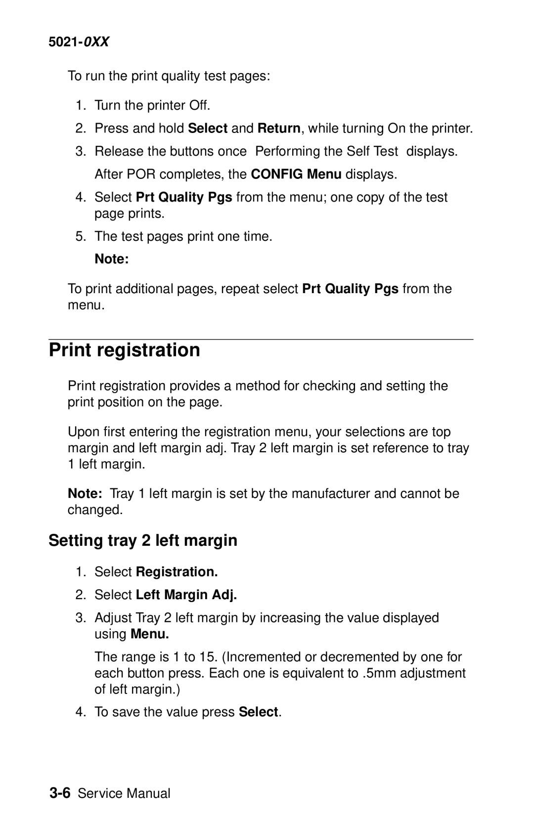 Lexmark 5021-0XX manual Print registration, Setting tray 2 left margin, Select Registration Select Left Margin Adj 