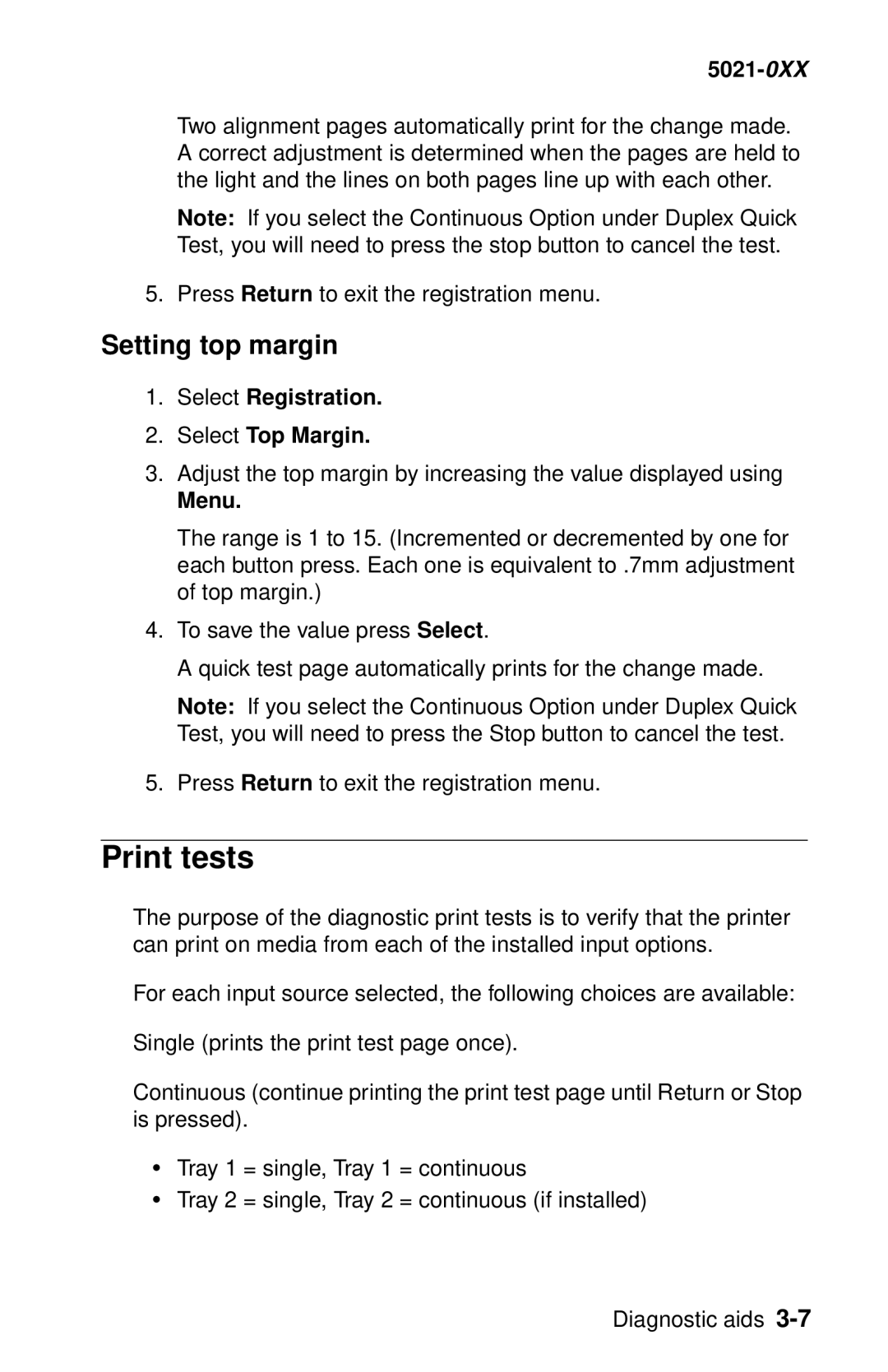 Lexmark 5021-0XX manual Print tests, Setting top margin, Select Registration Select Top Margin, Menu 