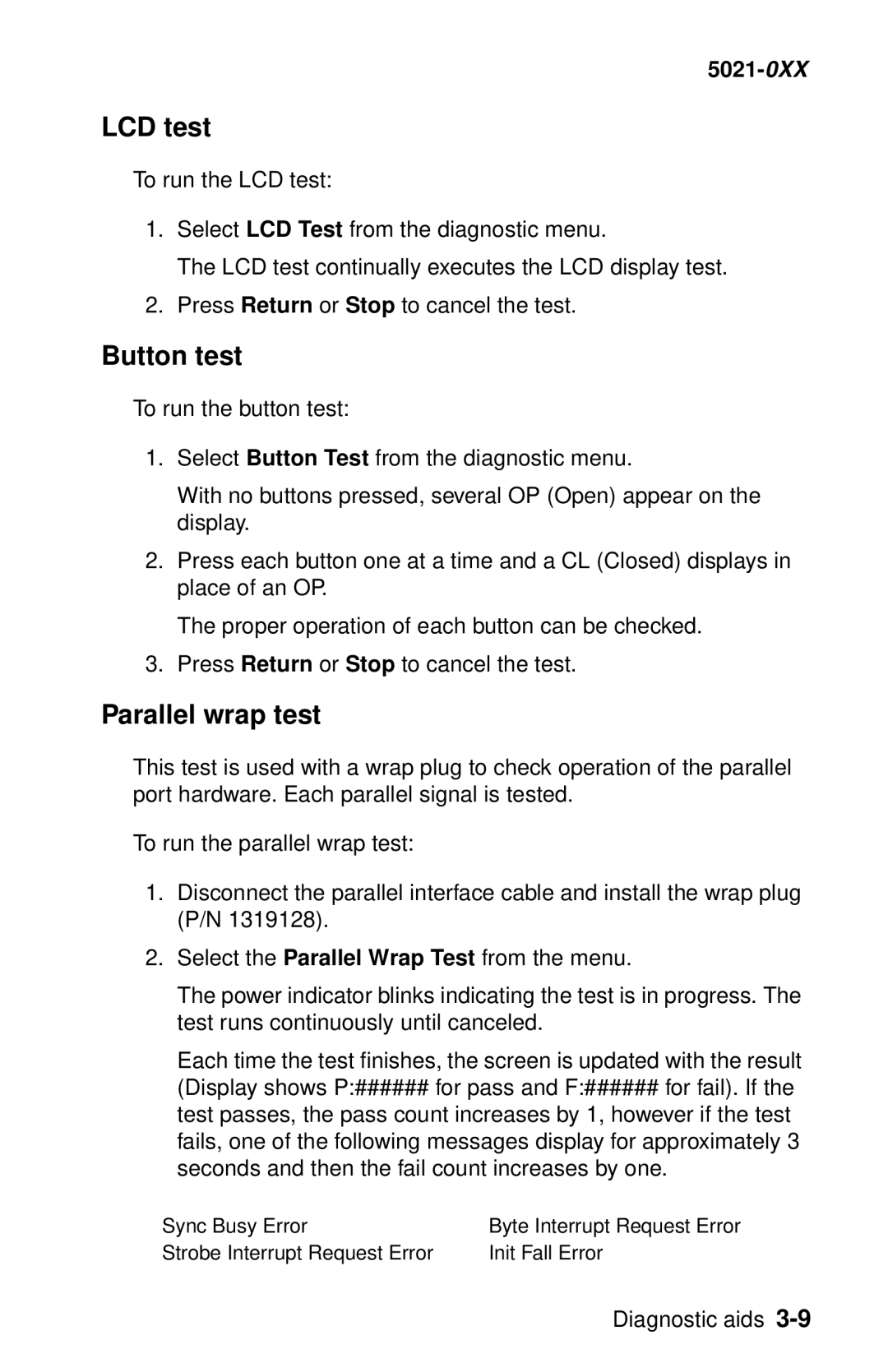 Lexmark 5021-0XX manual LCD test, Button test, Parallel wrap test 