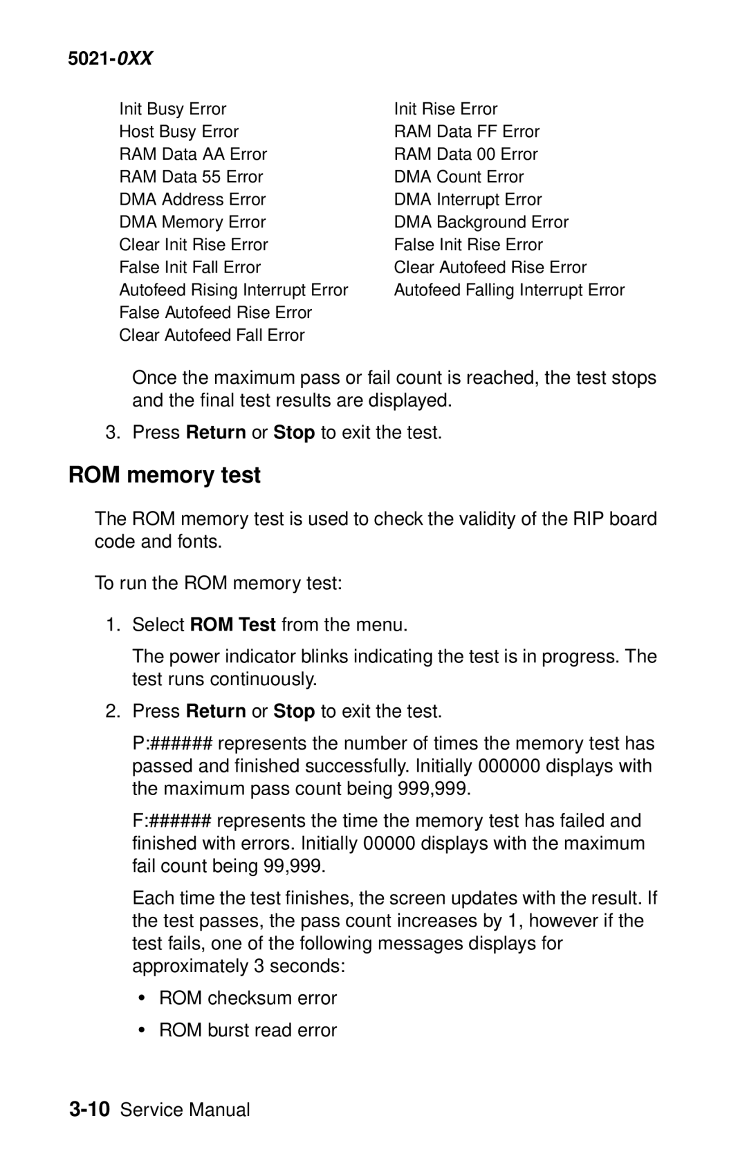 Lexmark 5021-0XX manual ROM memory test 