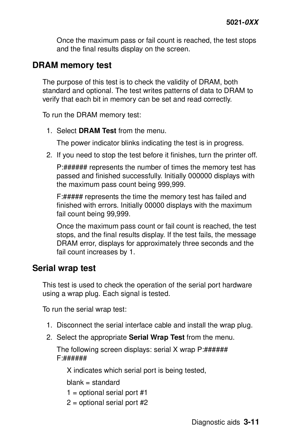 Lexmark 5021-0XX manual Dram memory test, Serial wrap test 