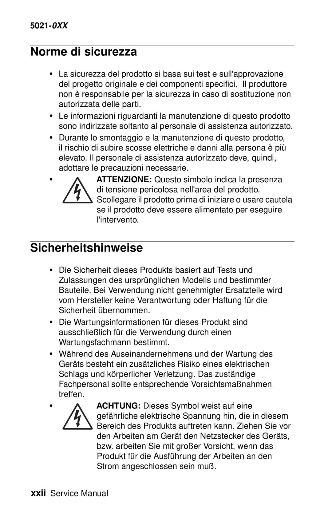 Lexmark 5021-0XX manual Norme di sicurezza, Sicherheitshinweise 