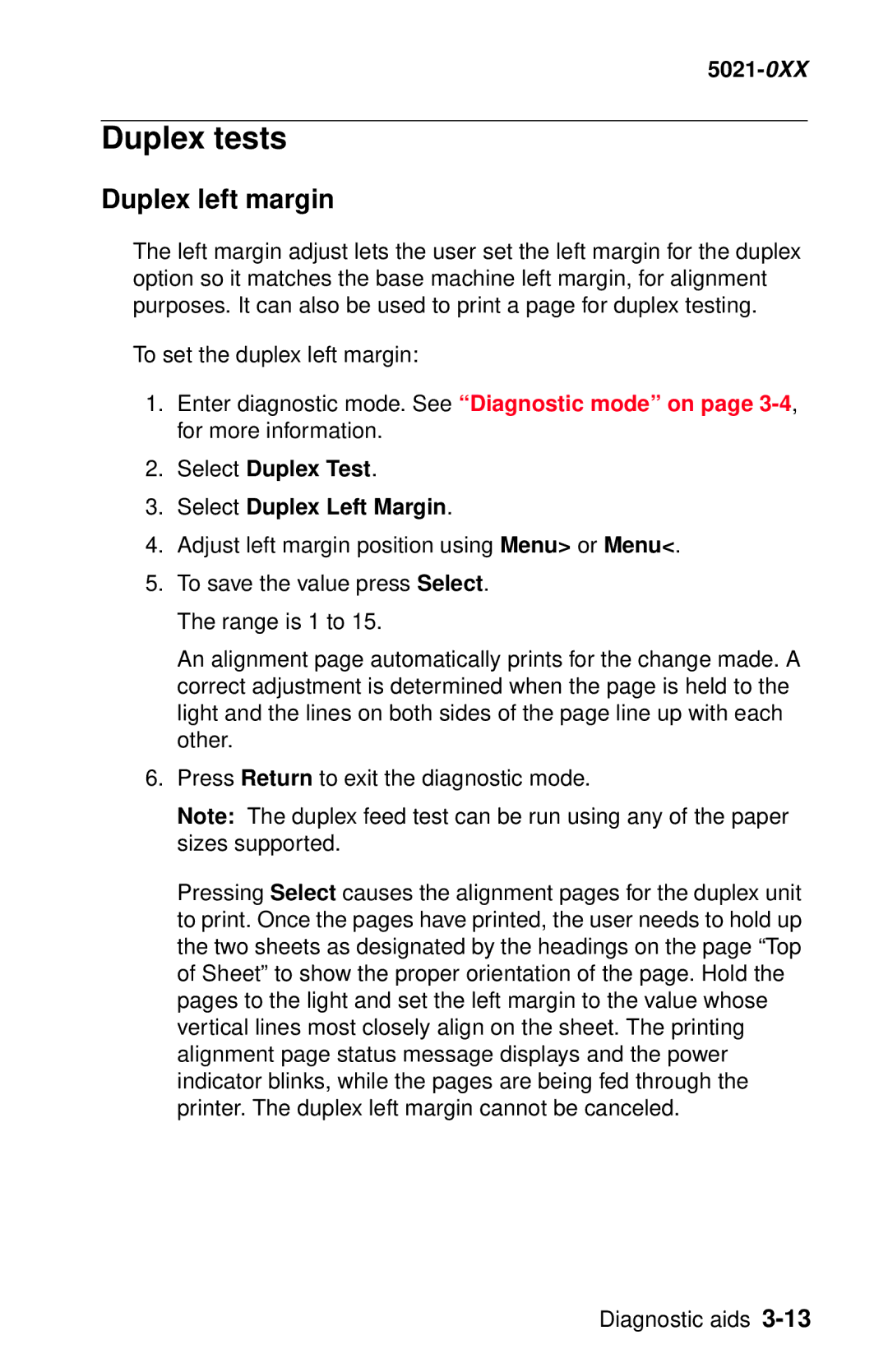 Lexmark 5021-0XX manual Duplex tests, Duplex left margin, Select Duplex Test Select Duplex Left Margin 