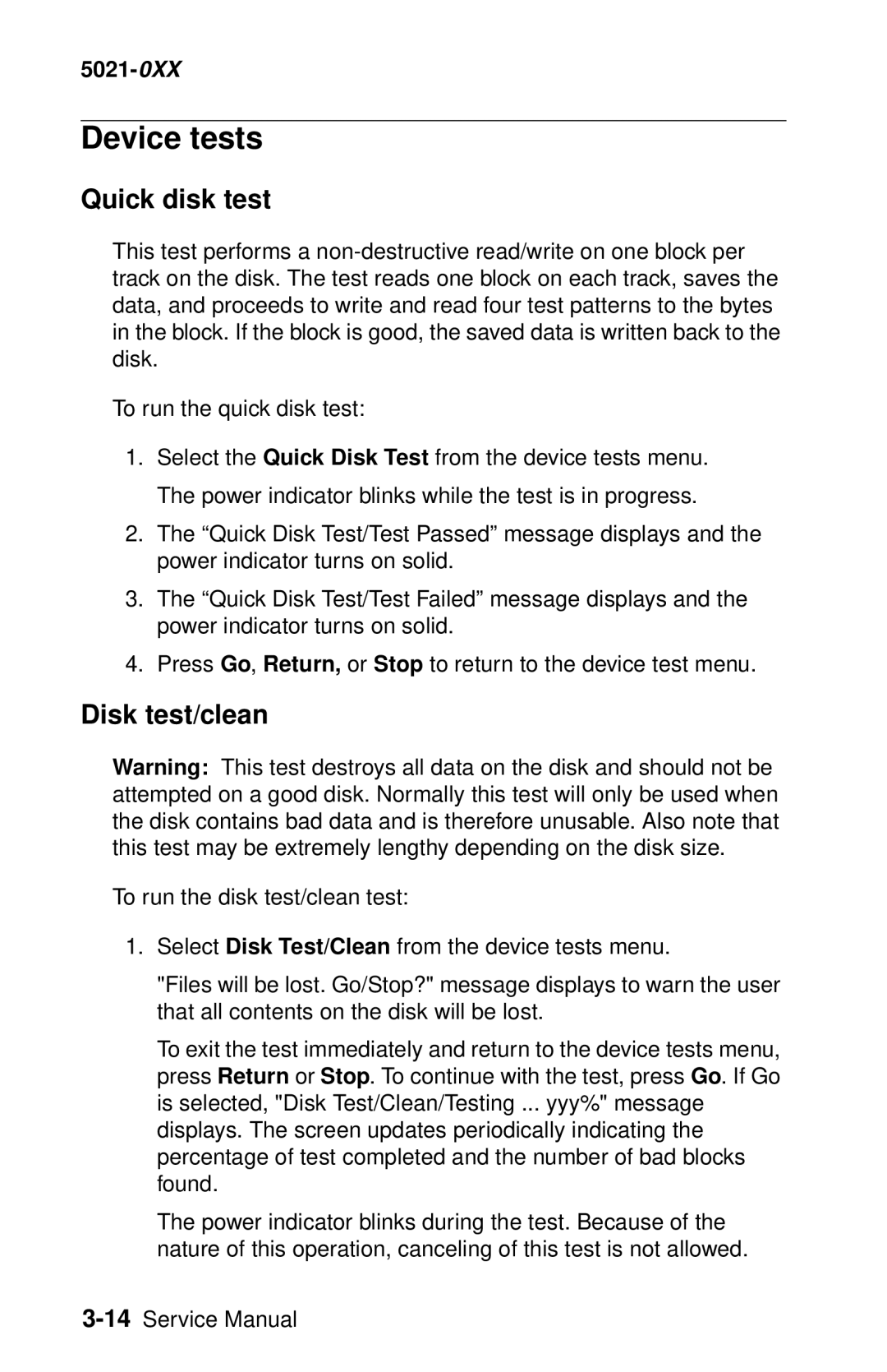 Lexmark 5021-0XX manual Device tests, Quick disk test, Disk test/clean 