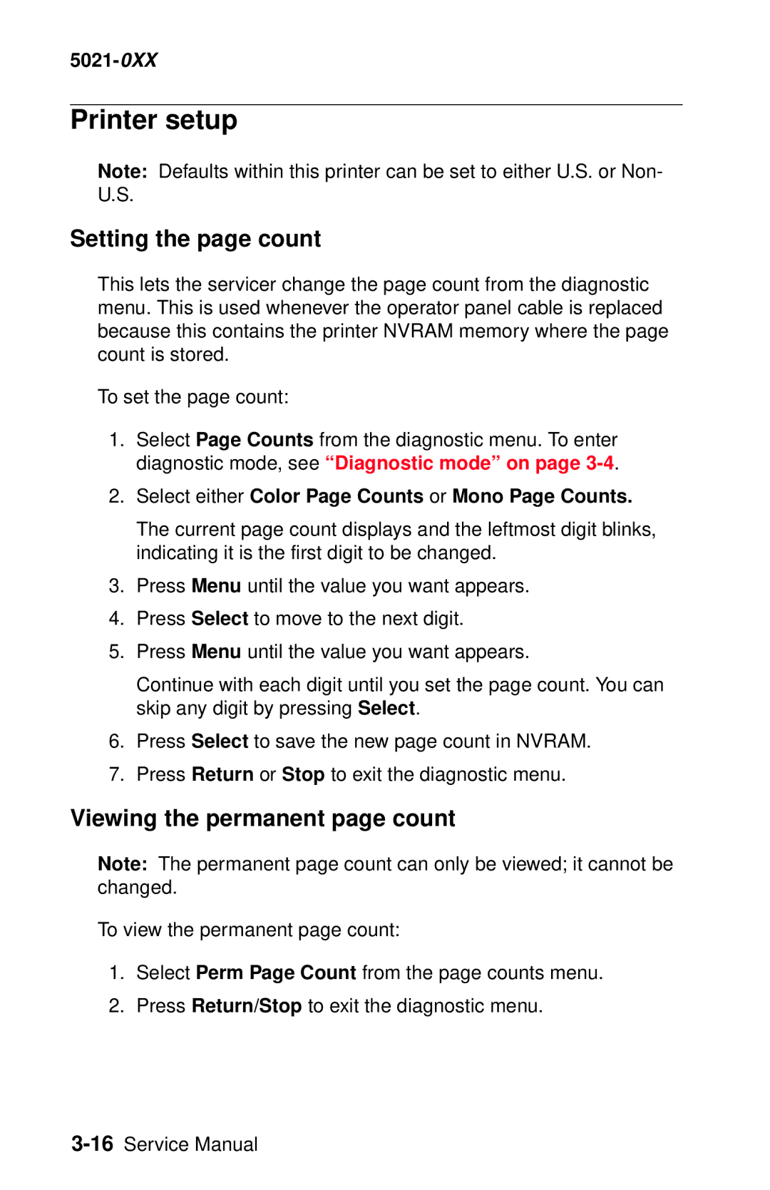 Lexmark 5021-0XX manual Printer setup, Setting the page count, Viewing the permanent page count 