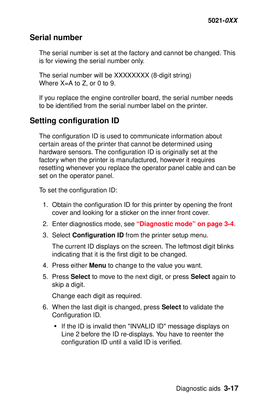 Lexmark 5021-0XX manual Serial number, Setting configuration ID 