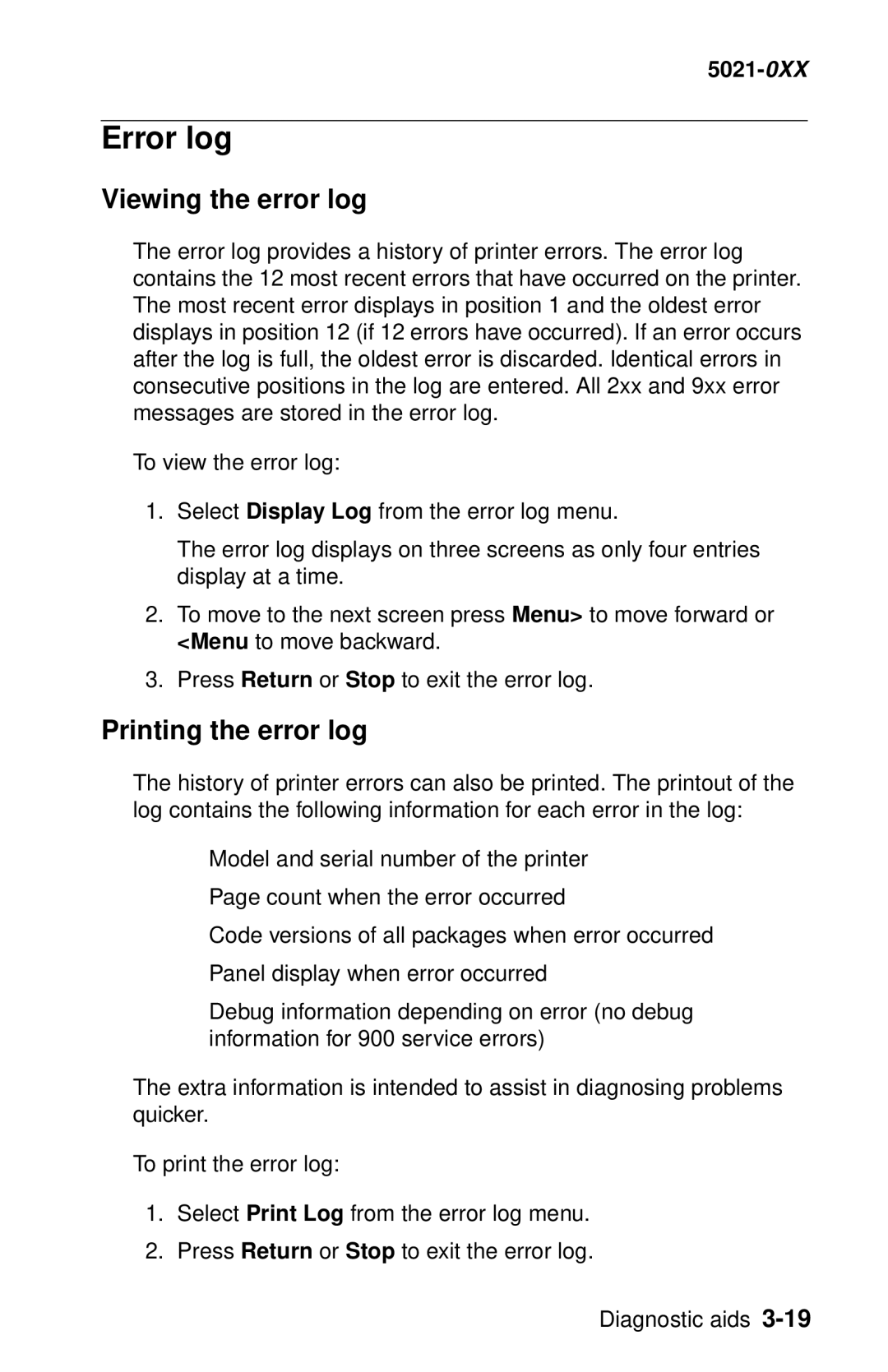 Lexmark 5021-0XX manual Error log, Viewing the error log, Printing the error log 