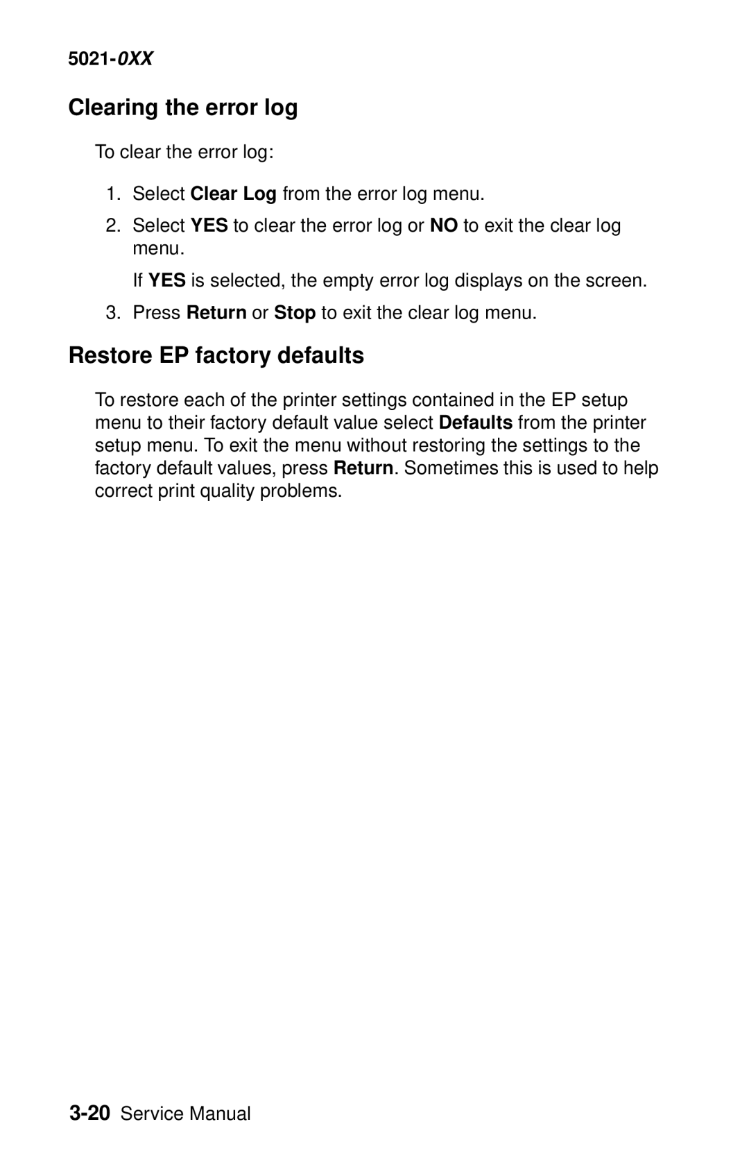 Lexmark 5021-0XX manual Clearing the error log, Restore EP factory defaults 