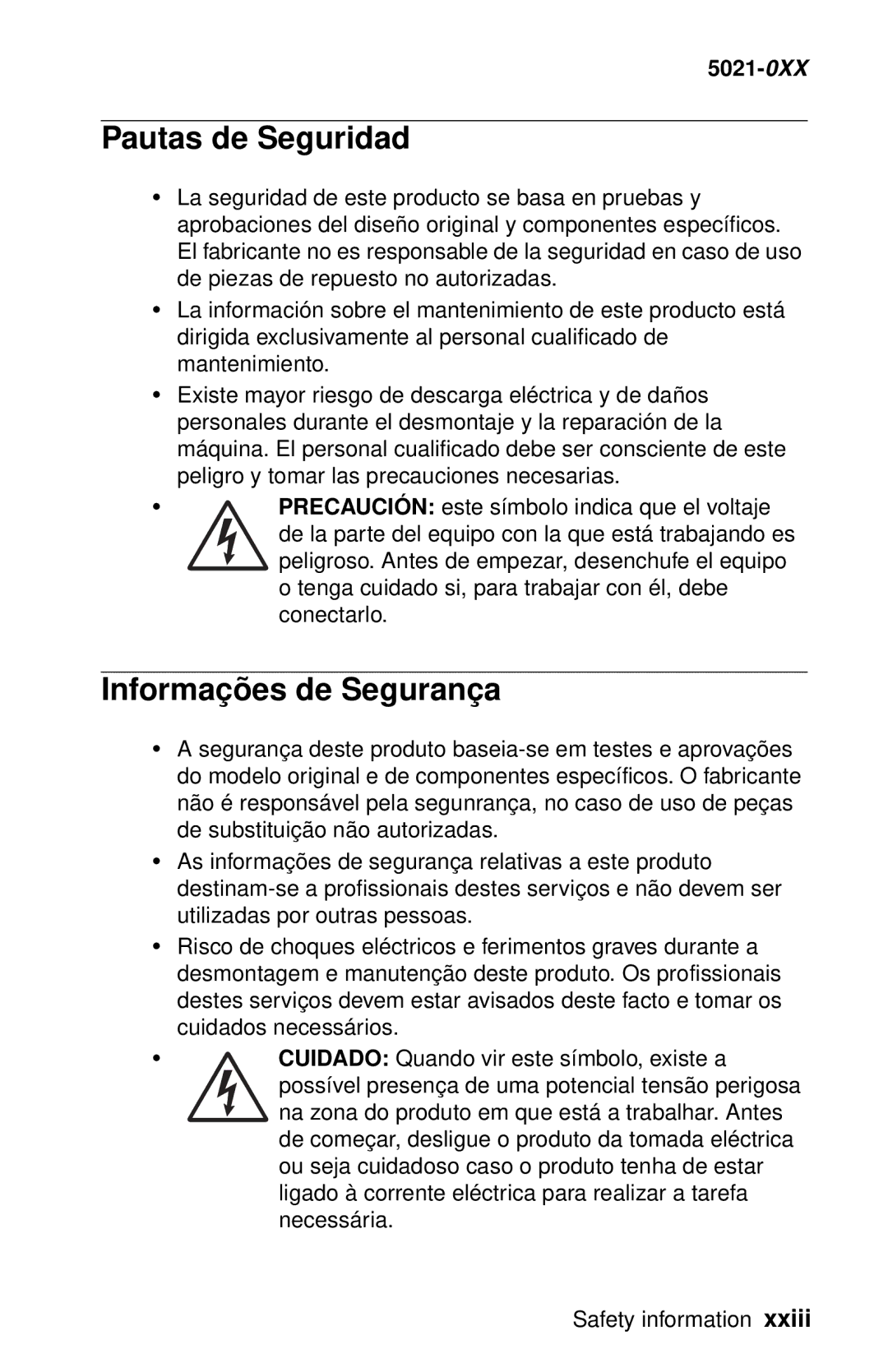 Lexmark 5021-0XX manual Pautas de Seguridad, Informaçõ es de Seguranç a 