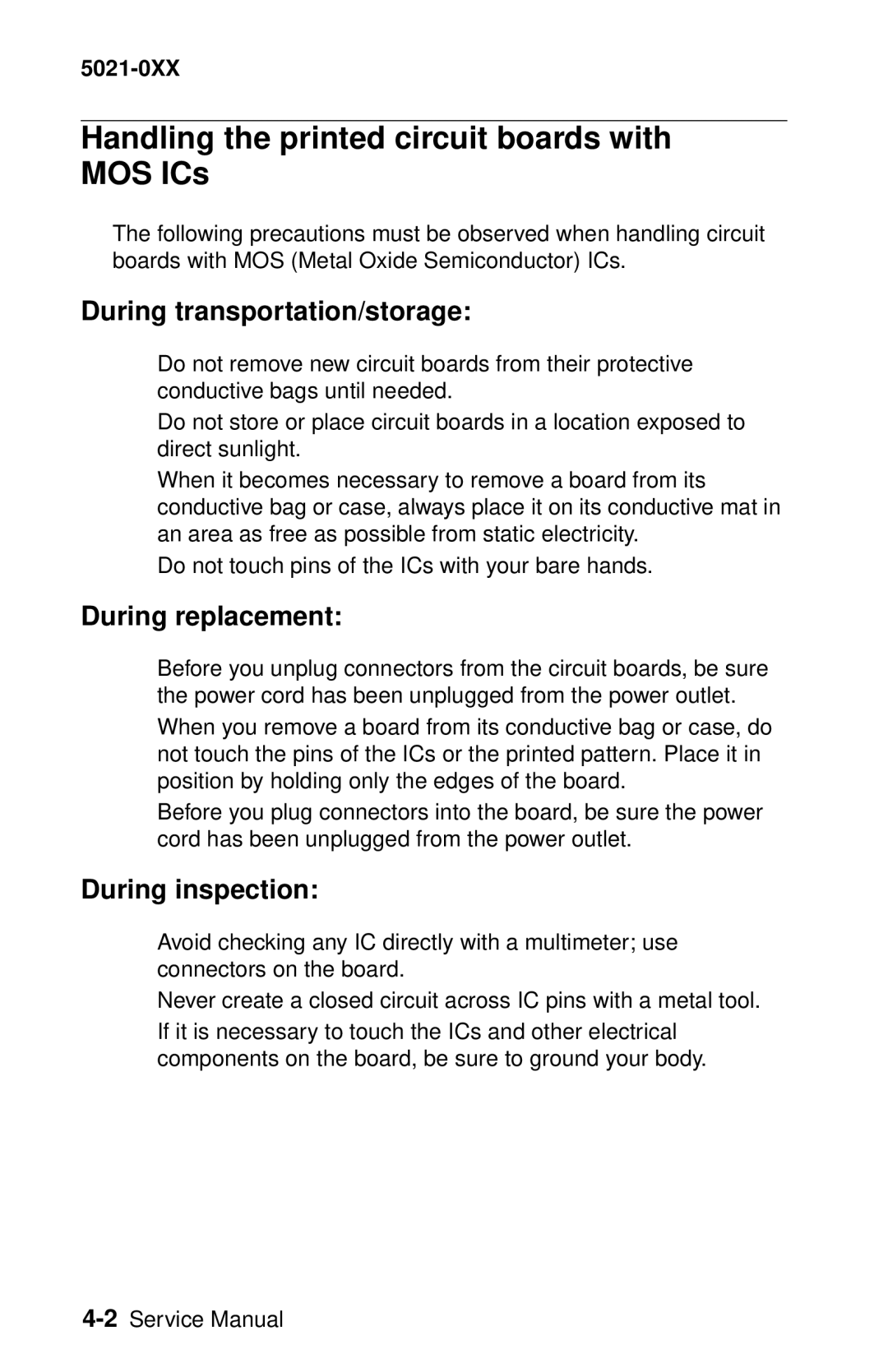 Lexmark 5021-0XX manual Handling the printed circuit boards with MOS ICs, During transportation/storage, During replacement 