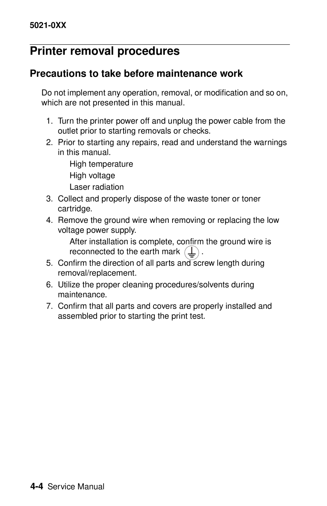 Lexmark 5021-0XX manual Printer removal procedures, Precautions to take before maintenance work 