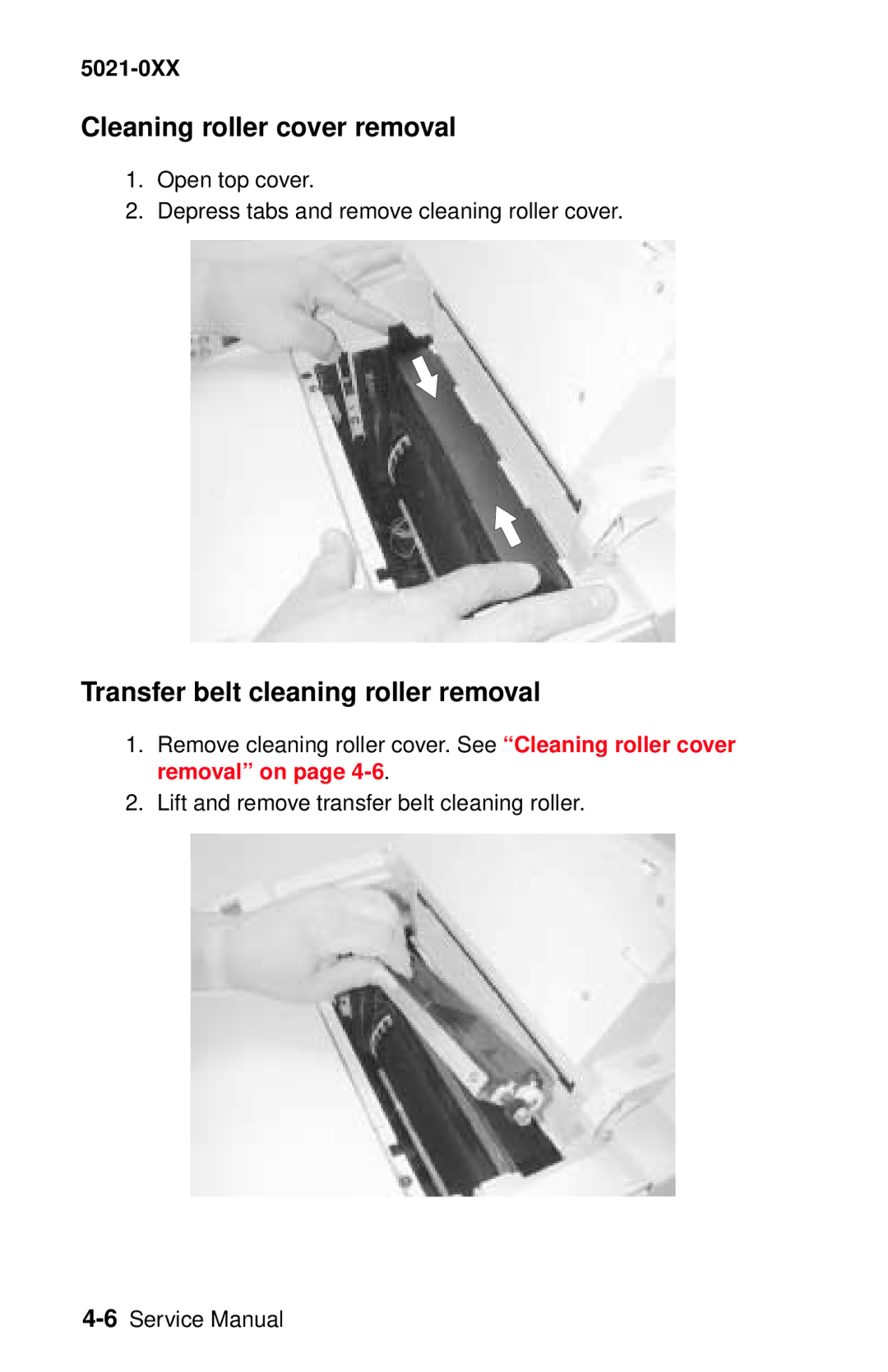 Lexmark 5021-0XX manual Cleaning roller cover removal, Transfer belt cleaning roller removal 