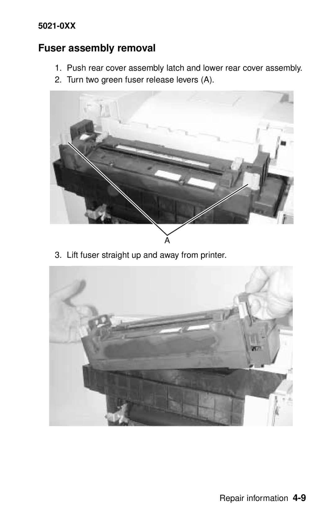 Lexmark 5021-0XX manual Fuser assembly removal 