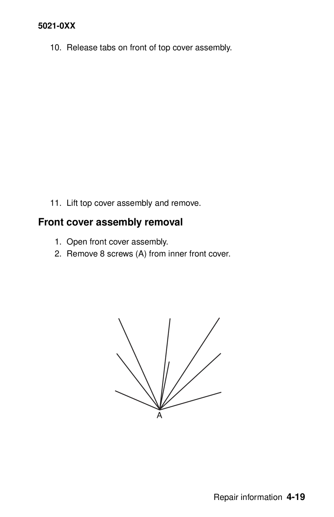 Lexmark 5021-0XX manual Front cover assembly removal 