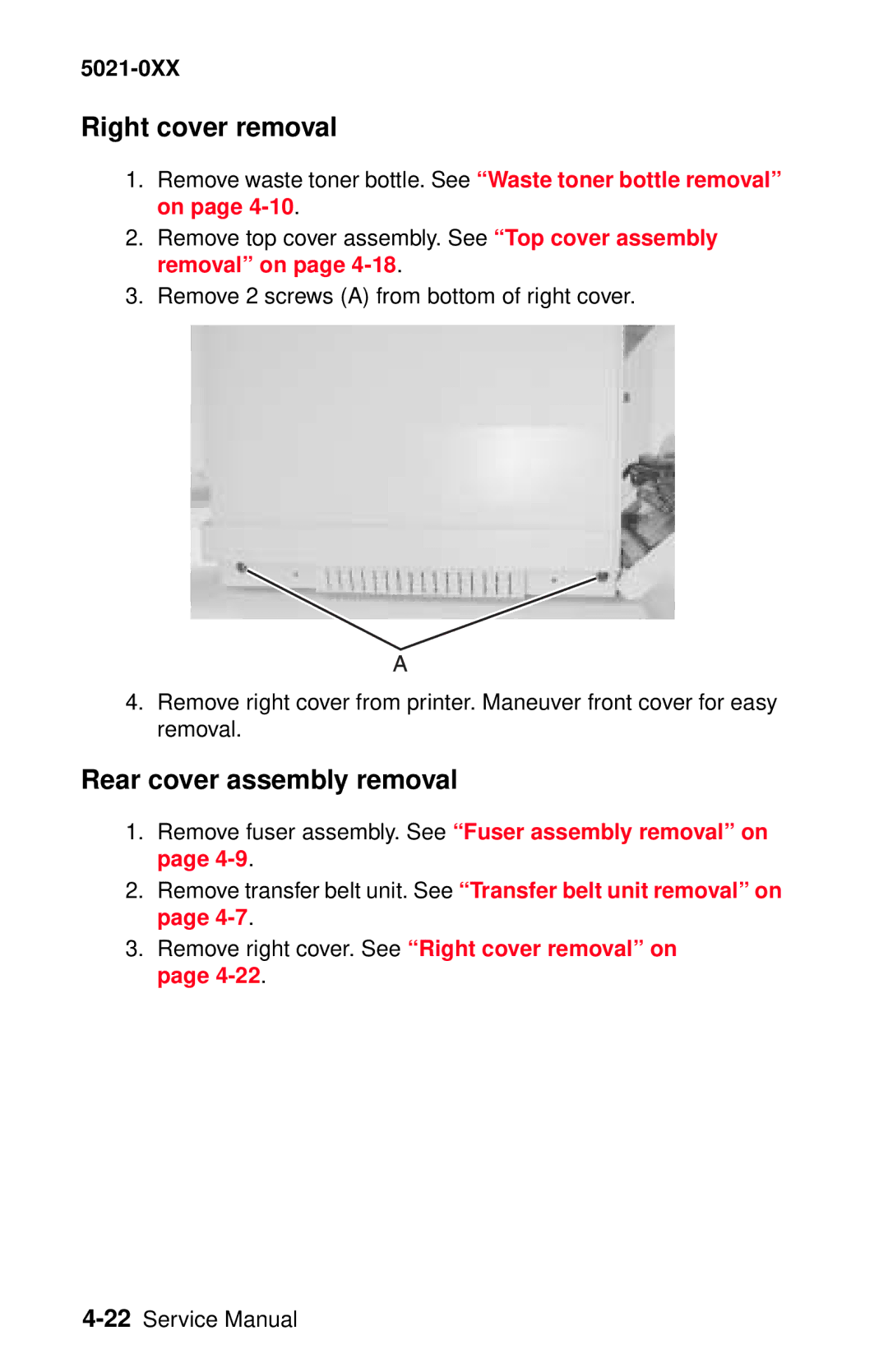 Lexmark 5021-0XX manual Right cover removal, Rear cover assembly removal 