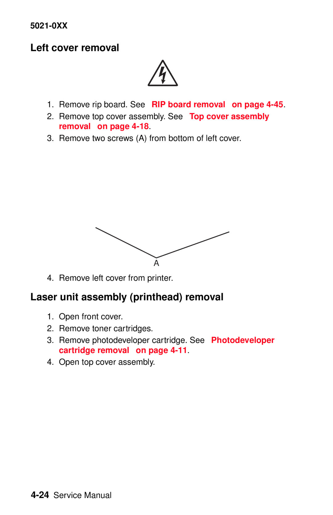 Lexmark 5021-0XX manual Left cover removal, Laser unit assembly printhead removal 