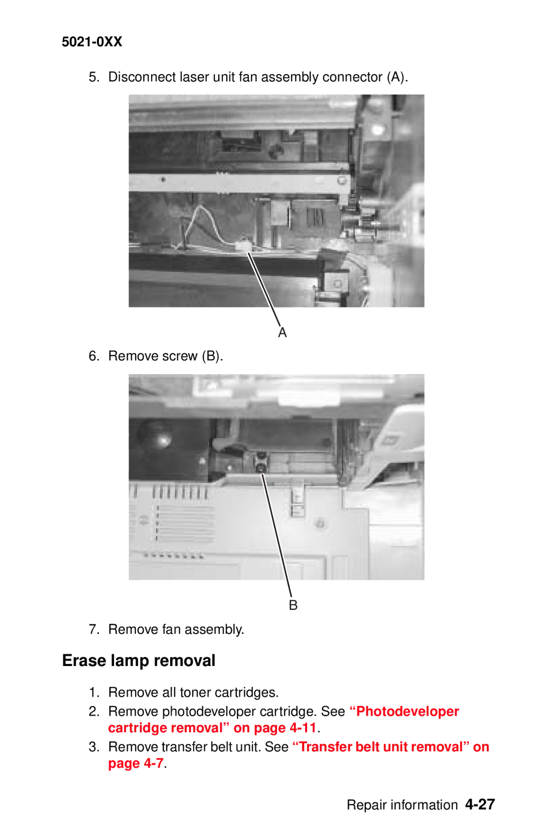 Lexmark 5021-0XX manual Erase lamp removal 