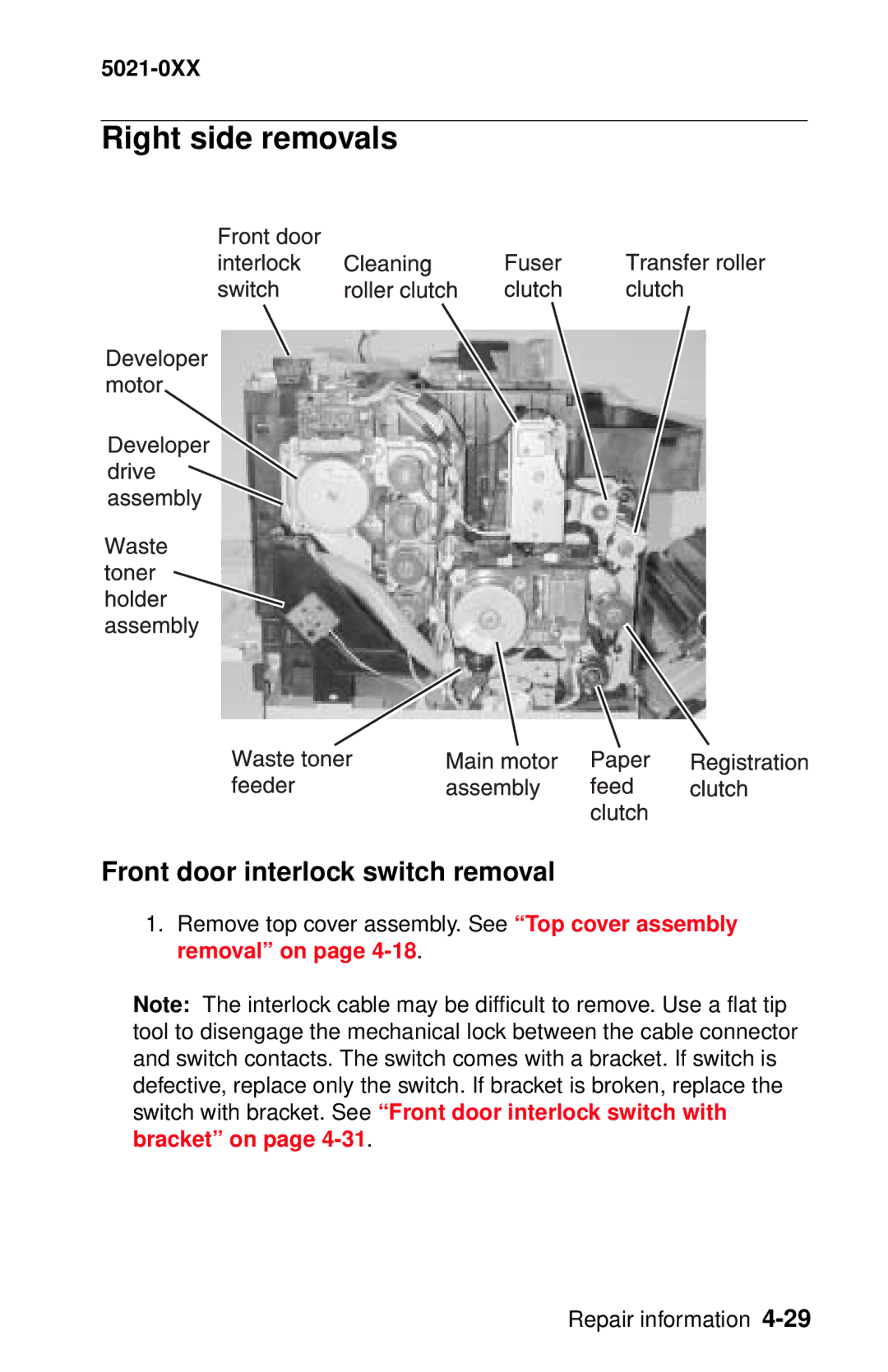 Lexmark 5021-0XX manual Right side removals, Front door interlock switch removal 