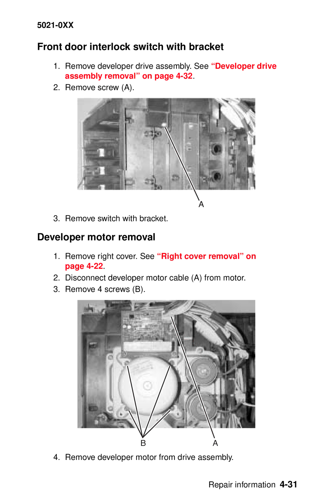 Lexmark 5021-0XX manual Front door interlock switch with bracket, Developer motor removal 