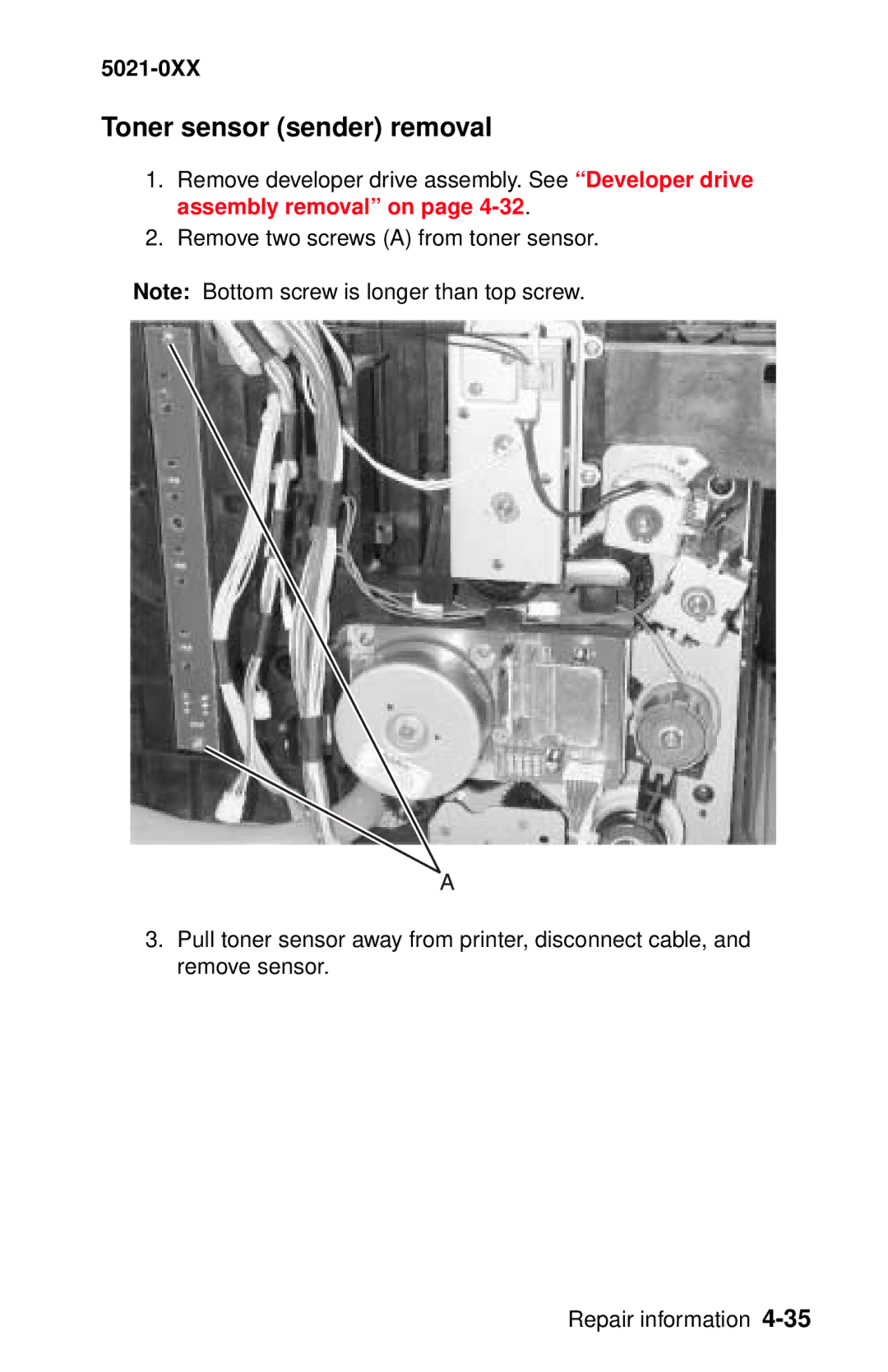 Lexmark 5021-0XX manual Toner sensor sender removal 