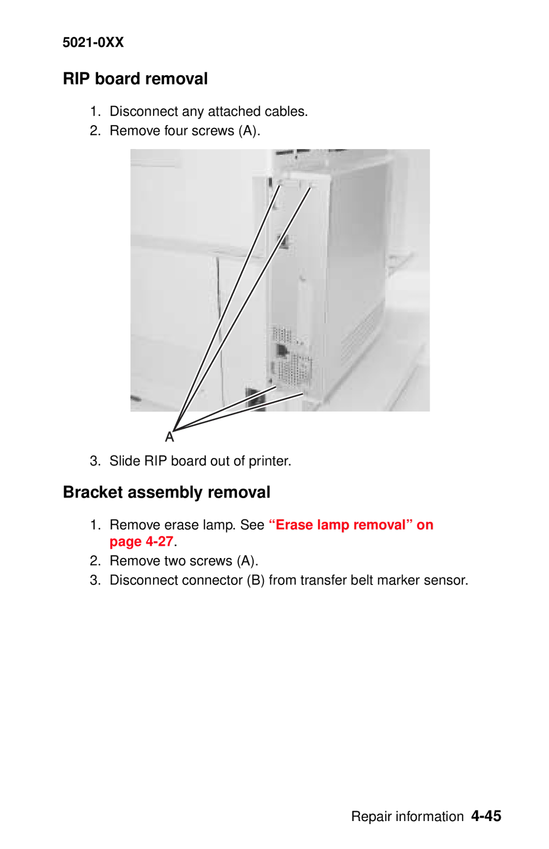 Lexmark 5021-0XX manual RIP board removal, Bracket assembly removal 