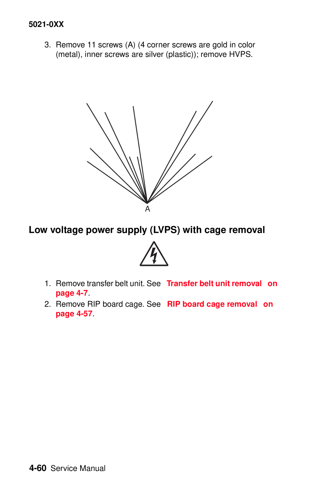 Lexmark 5021-0XX manual Low voltage power supply Lvps with cage removal 