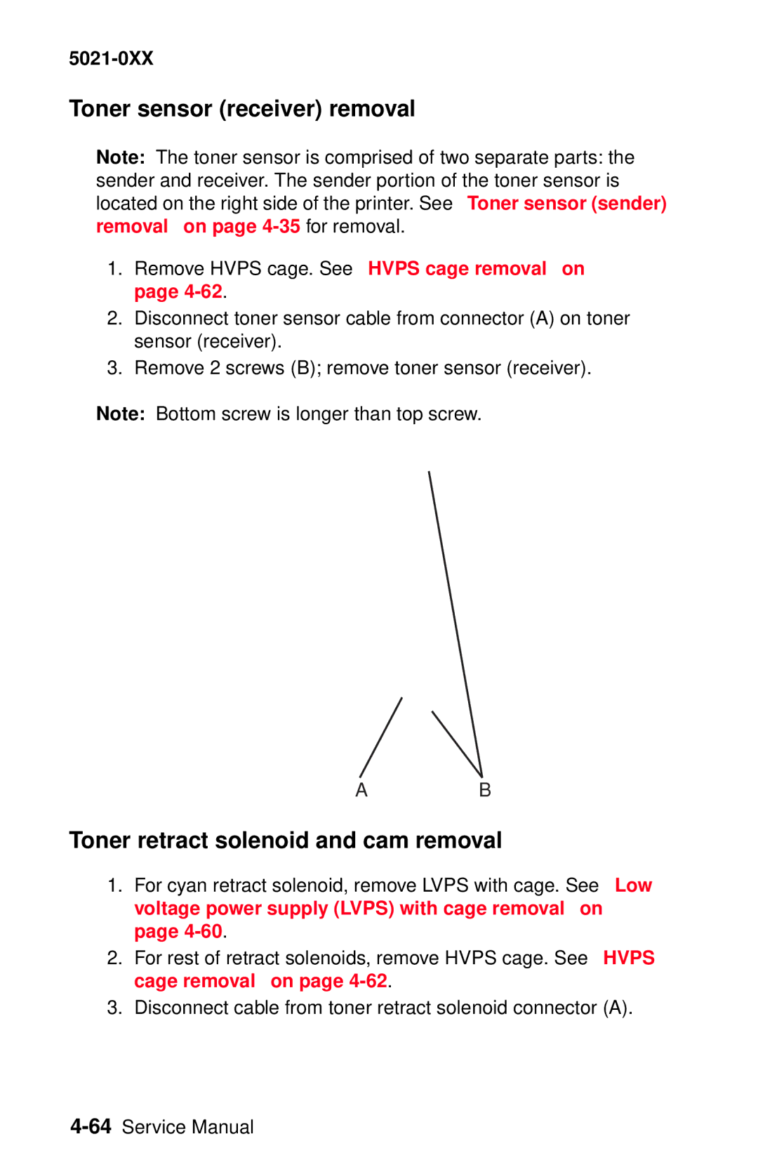 Lexmark 5021-0XX manual Toner sensor receiver removal, Toner retract solenoid and cam removal 