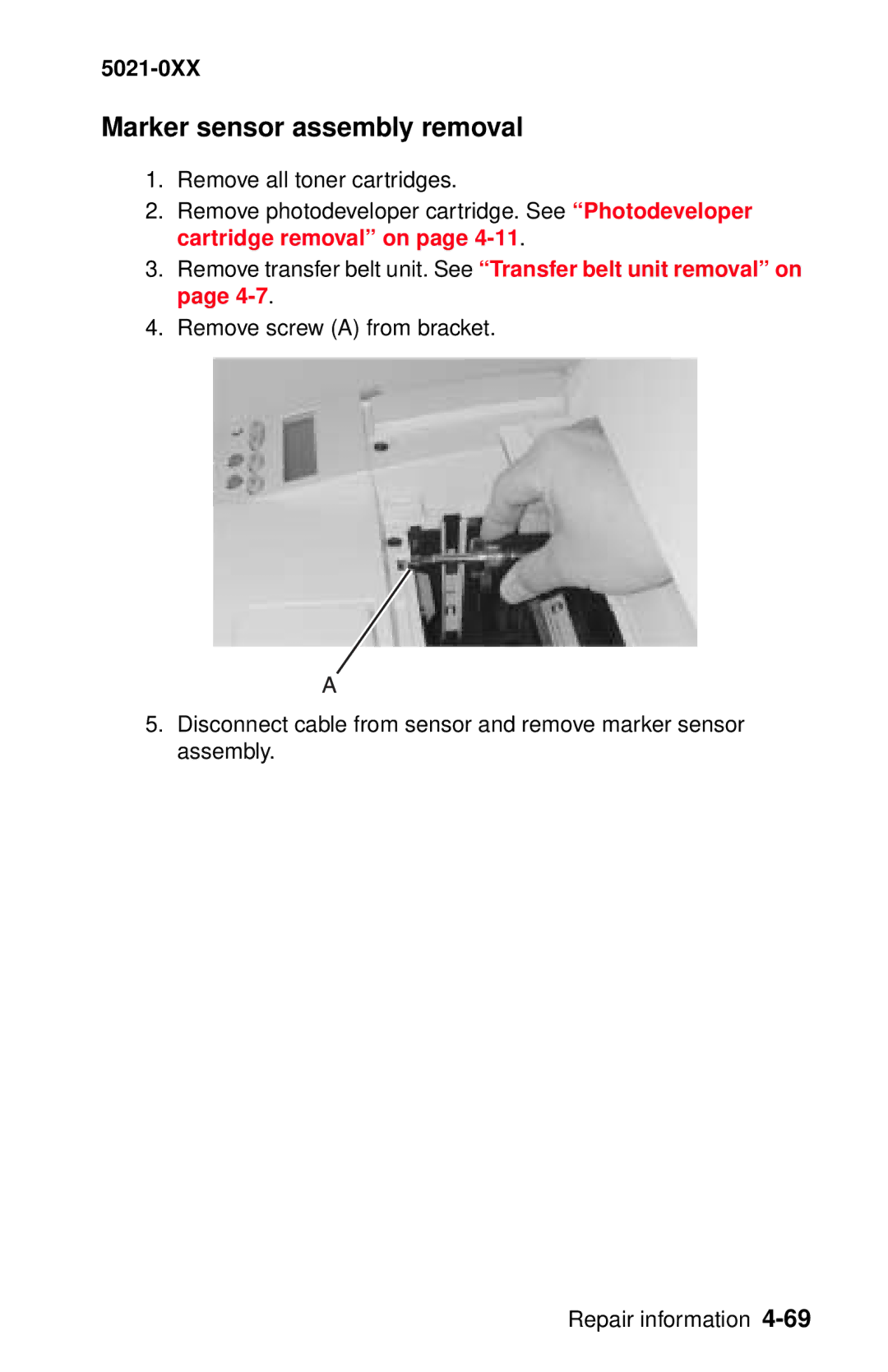 Lexmark 5021-0XX manual Marker sensor assembly removal 