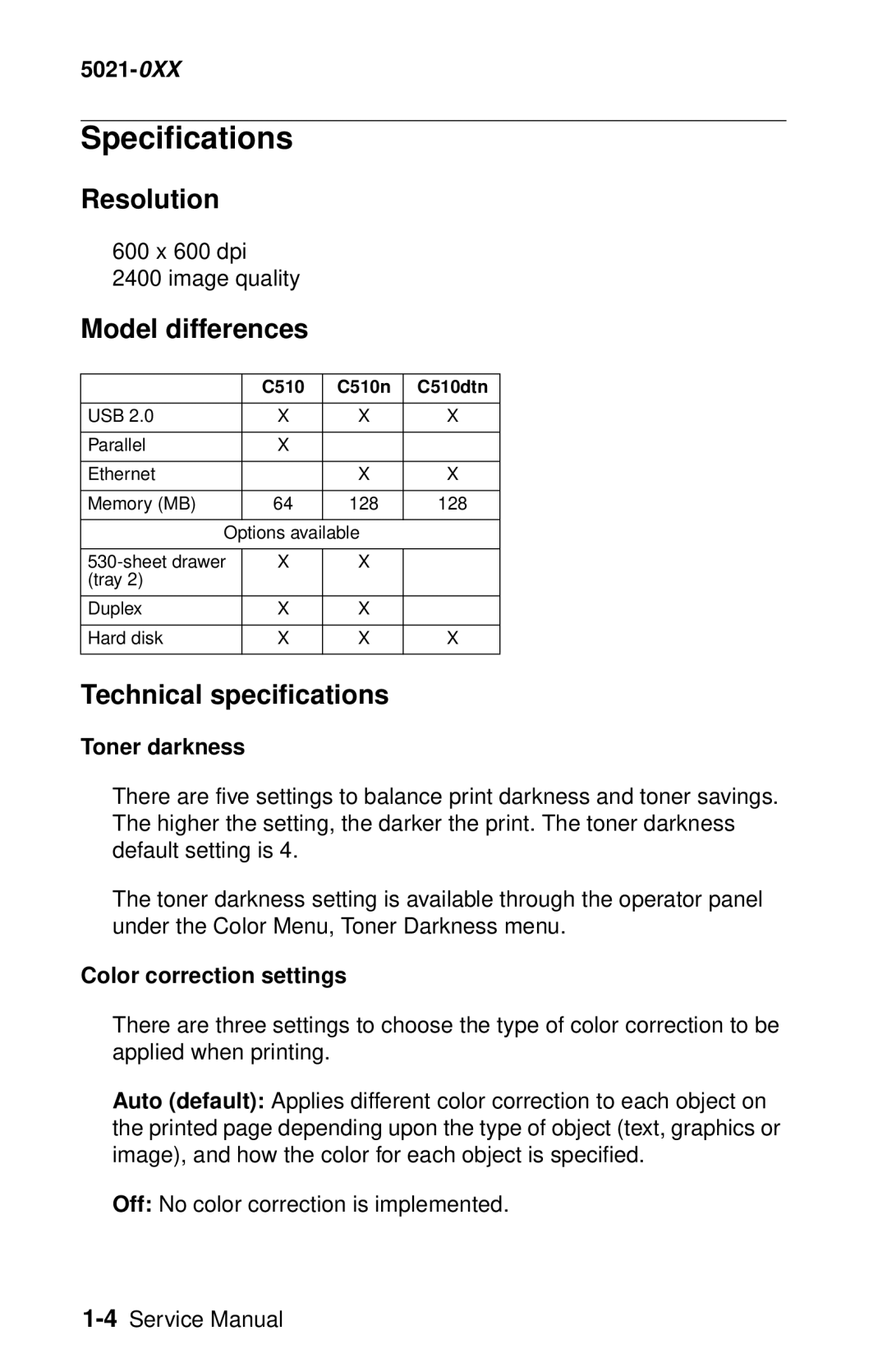 Lexmark 5021-0XX manual Specifications, Resolution, Model differences, Technical specifications 