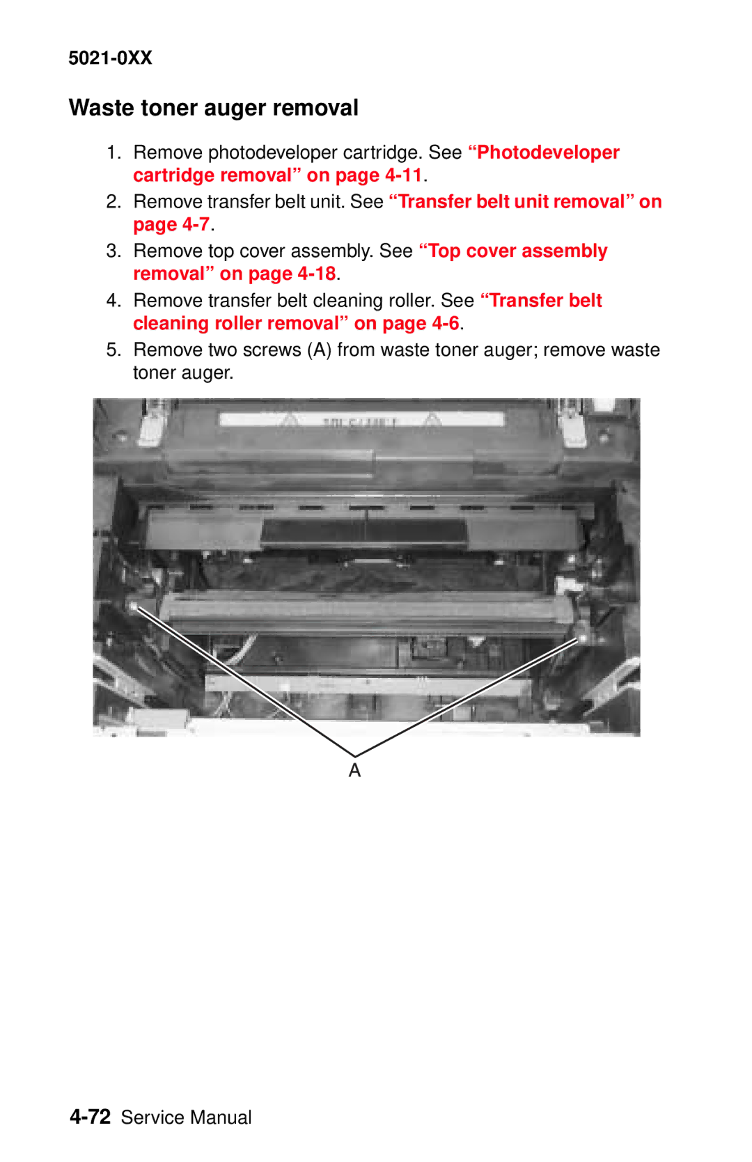 Lexmark 5021-0XX manual Waste toner auger removal 