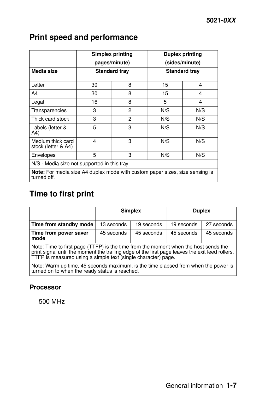 Lexmark 5021-0XX manual Print speed and performance, Time to first print, Processor, MHz General information 