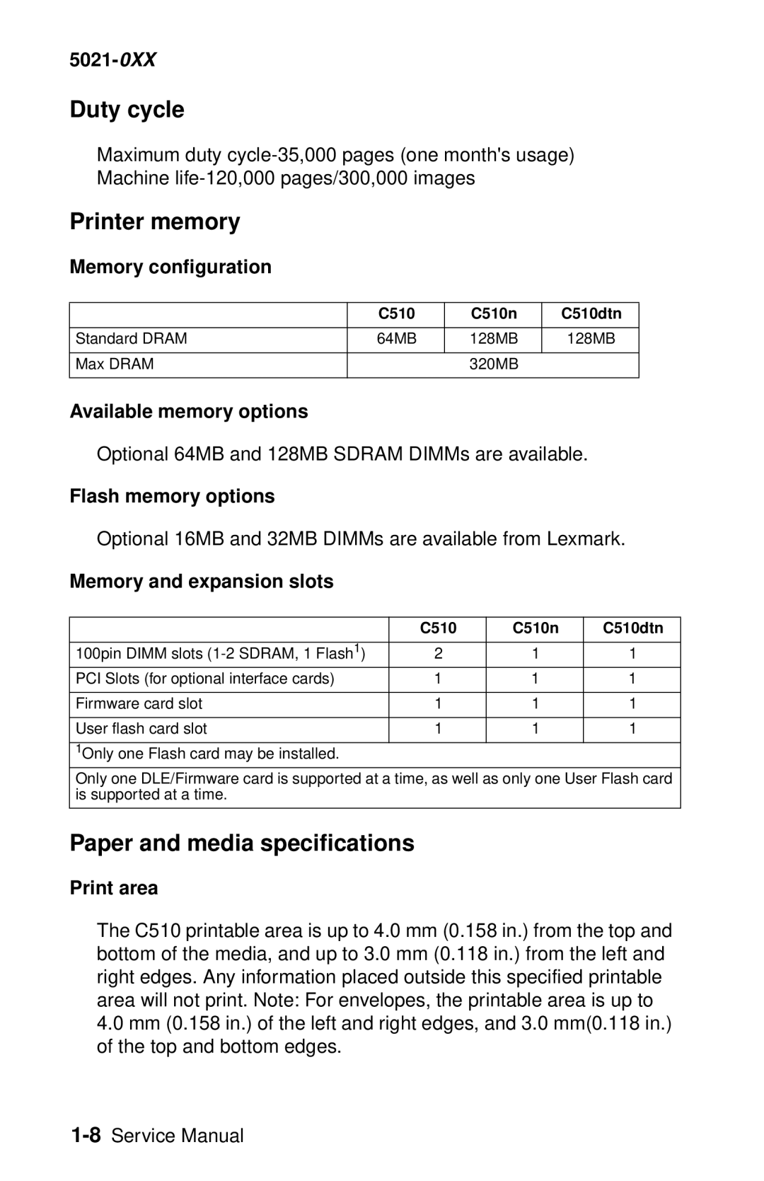 Lexmark 5021-0XX manual Duty cycle, Printer memory, Paper and media specifications 