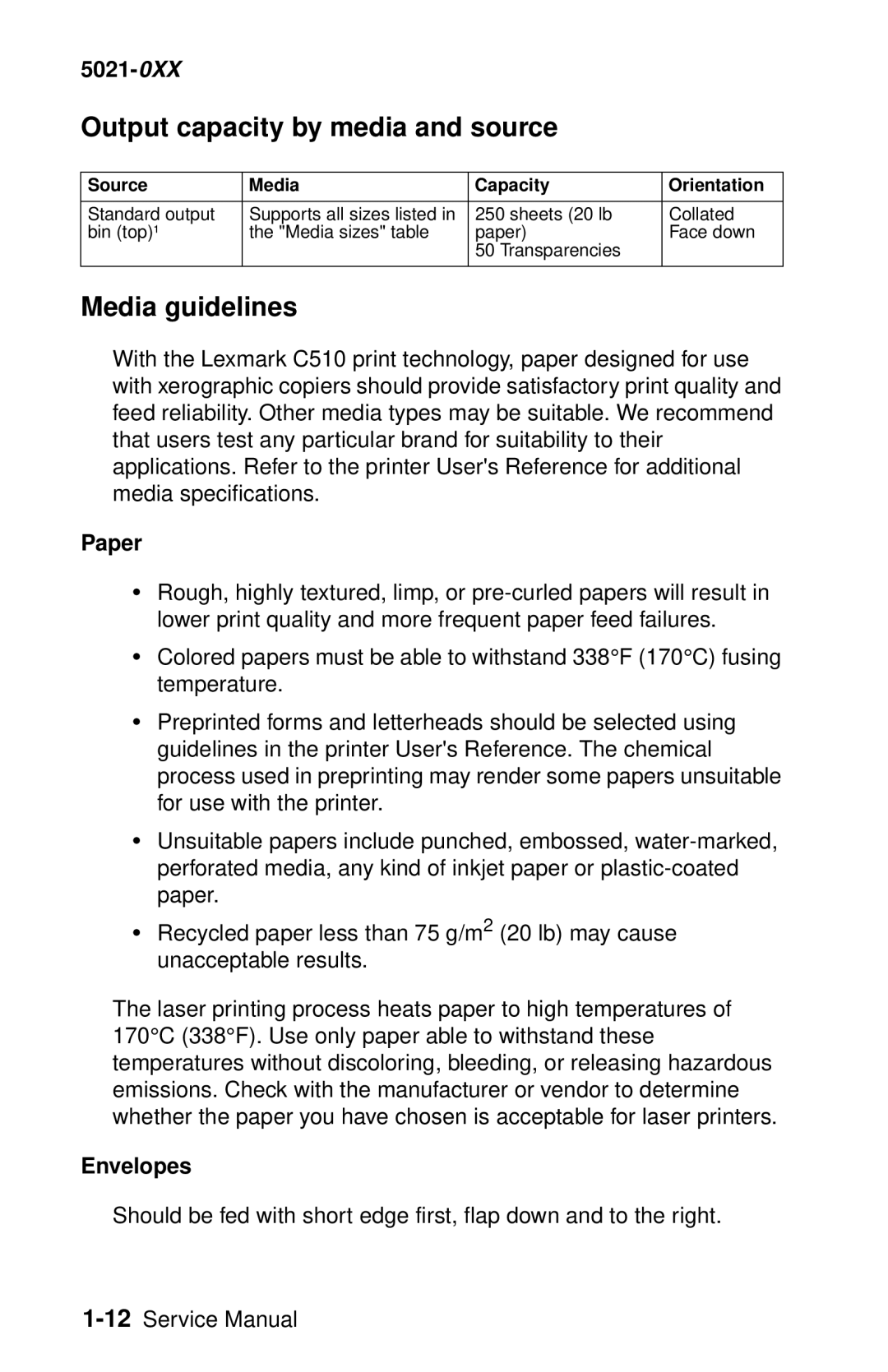 Lexmark 5021-0XX manual Output capacity by media and source, Media guidelines, Paper, Envelopes 